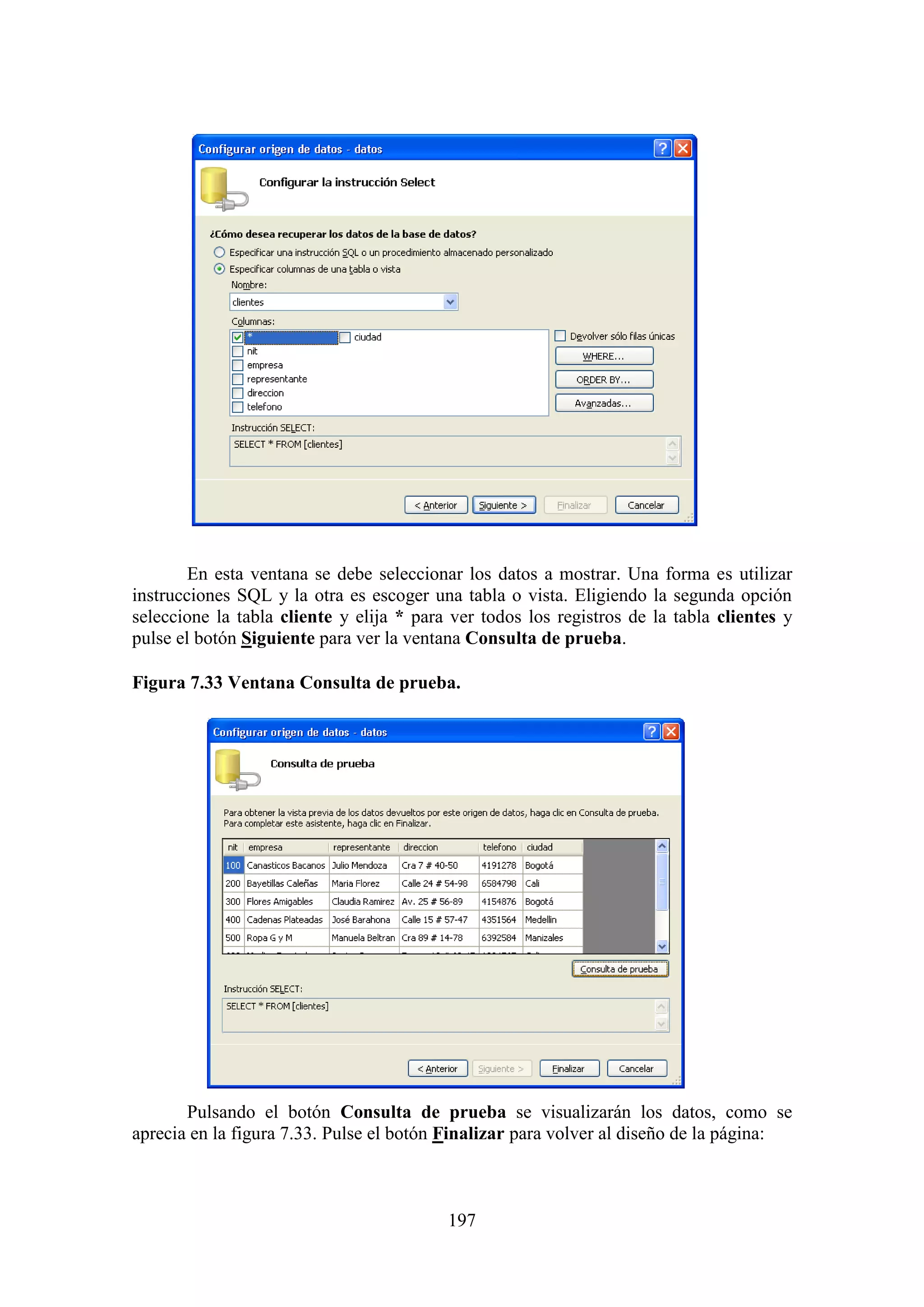 197
En esta ventana se debe seleccionar los datos a mostrar. Una forma es utilizar
instrucciones SQL y la otra es escoger una tabla o vista. Eligiendo la segunda opción
seleccione la tabla cliente y elija * para ver todos los registros de la tabla clientes y
pulse el botón Siguiente para ver la ventana Consulta de prueba.
Figura 7.33 Ventana Consulta de prueba.
Pulsando el botón Consulta de prueba se visualizarán los datos, como se
aprecia en la figura 7.33. Pulse el botón Finalizar para volver al diseño de la página:
 