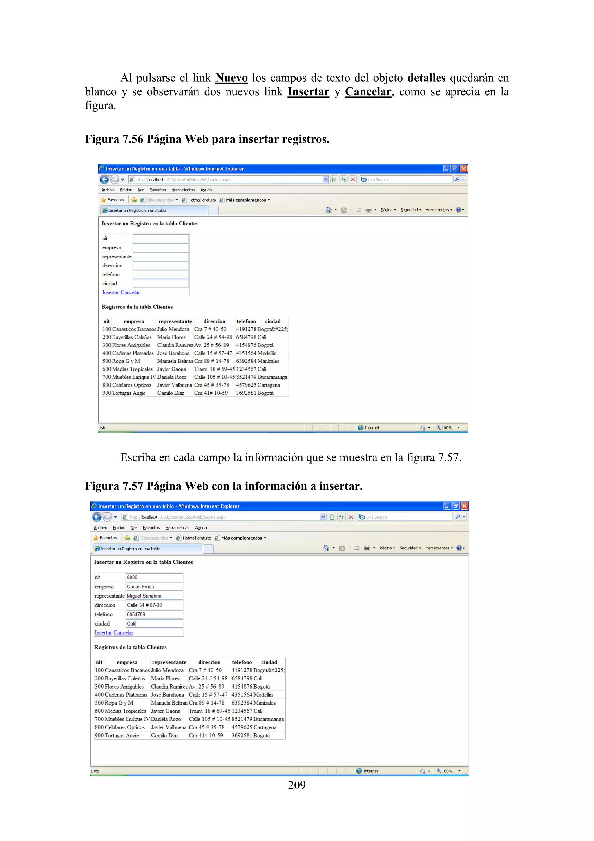 209
Al pulsarse el link Nuevo los campos de texto del objeto detalles quedarán en
blanco y se observarán dos nuevos link Insertar y Cancelar, como se aprecia en la
figura.
Figura 7.56 Página Web para insertar registros.
Escriba en cada campo la información que se muestra en la figura 7.57.
Figura 7.57 Página Web con la información a insertar.
 