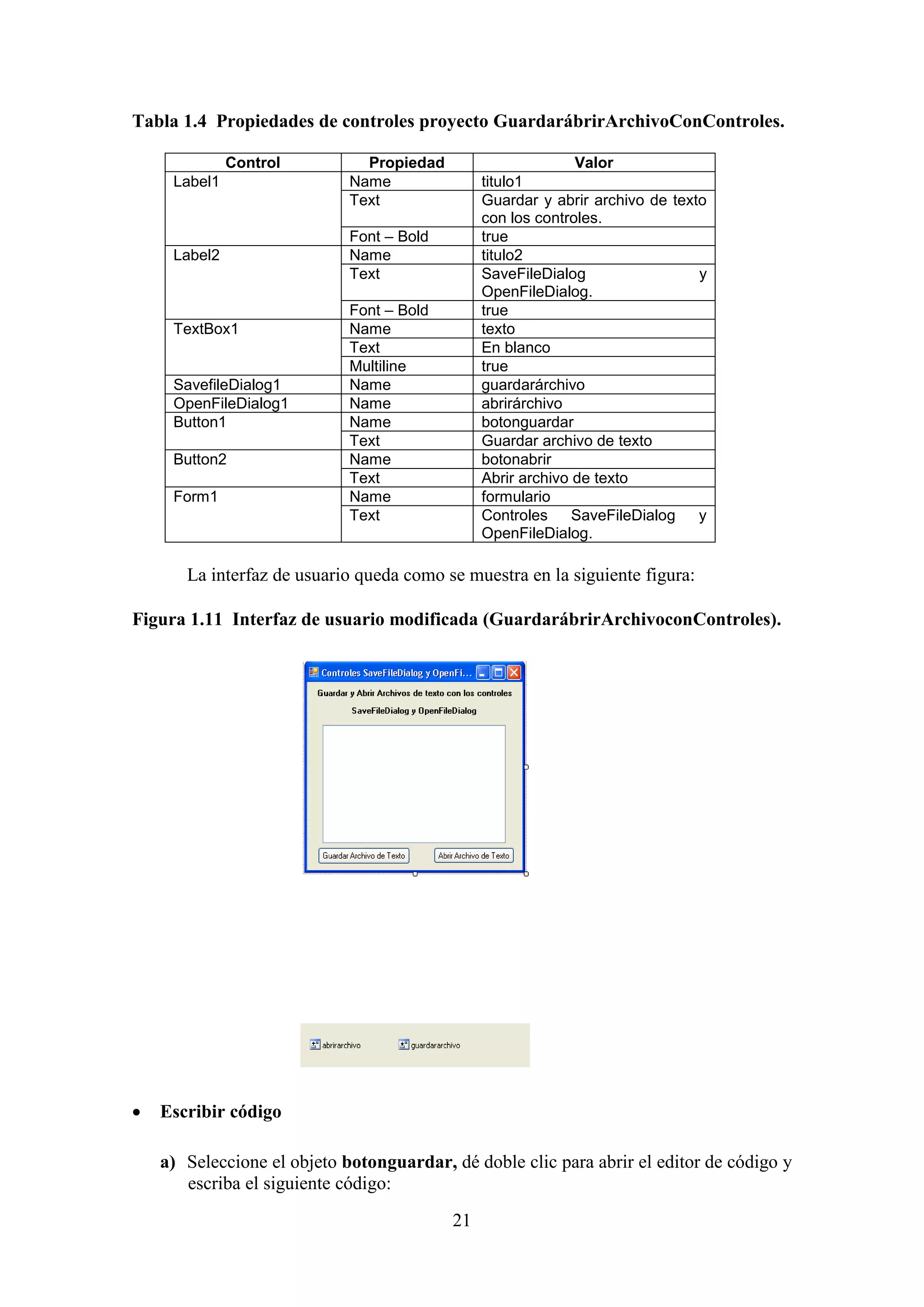 21
Tabla 1.4 Propiedades de controles proyecto GuardarábrirArchivoConControles.
Control Propiedad Valor
Label1 Name titulo1
Text Guardar y abrir archivo de texto
con los controles.
Font – Bold true
Label2 Name titulo2
Text SaveFileDialog y
OpenFileDialog.
Font – Bold true
TextBox1 Name texto
Text En blanco
Multiline true
SavefileDialog1 Name guardarárchivo
OpenFileDialog1 Name abrirárchivo
Button1 Name botonguardar
Text Guardar archivo de texto
Button2 Name botonabrir
Text Abrir archivo de texto
Form1 Name formulario
Text Controles SaveFileDialog y
OpenFileDialog.
La interfaz de usuario queda como se muestra en la siguiente figura:
Figura 1.11 Interfaz de usuario modificada (GuardarábrirArchivoconControles).
 Escribir código
a) Seleccione el objeto botonguardar, dé doble clic para abrir el editor de código y
escriba el siguiente código:
 