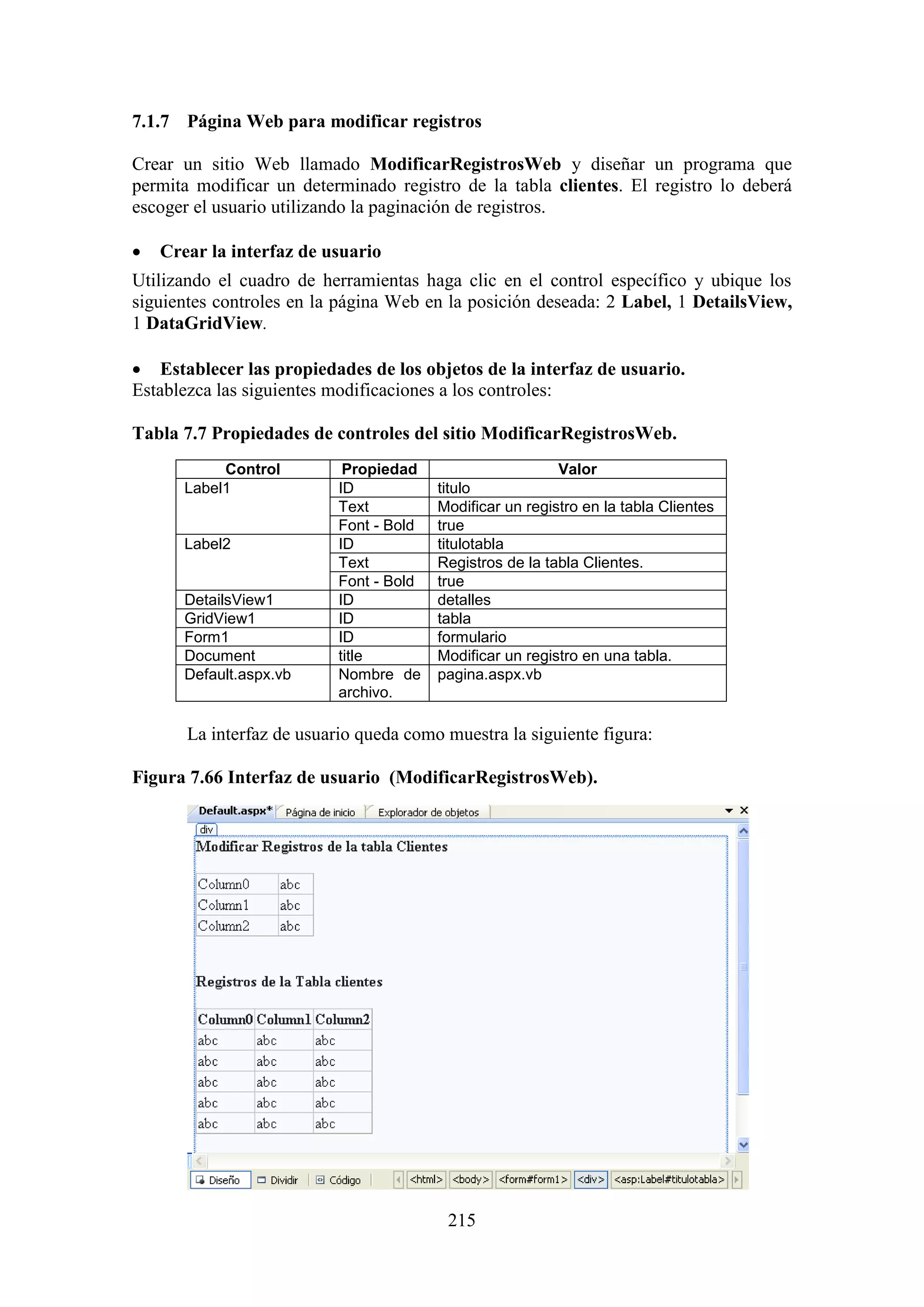 215
7.1.7 Página Web para modificar registros
Crear un sitio Web llamado ModificarRegistrosWeb y diseñar un programa que
permita modificar un determinado registro de la tabla clientes. El registro lo deberá
escoger el usuario utilizando la paginación de registros.
 Crear la interfaz de usuario
Utilizando el cuadro de herramientas haga clic en el control específico y ubique los
siguientes controles en la página Web en la posición deseada: 2 Label, 1 DetailsView,
1 DataGridView.
 Establecer las propiedades de los objetos de la interfaz de usuario.
Establezca las siguientes modificaciones a los controles:
Tabla 7.7 Propiedades de controles del sitio ModificarRegistrosWeb.
Control Propiedad Valor
Label1 ID titulo
Text Modificar un registro en la tabla Clientes
Font - Bold true
Label2 ID titulotabla
Text Registros de la tabla Clientes.
Font - Bold true
DetailsView1 ID detalles
GridView1 ID tabla
Form1 ID formulario
Document title Modificar un registro en una tabla.
Default.aspx.vb Nombre de
archivo.
pagina.aspx.vb
La interfaz de usuario queda como muestra la siguiente figura:
Figura 7.66 Interfaz de usuario (ModificarRegistrosWeb).
 