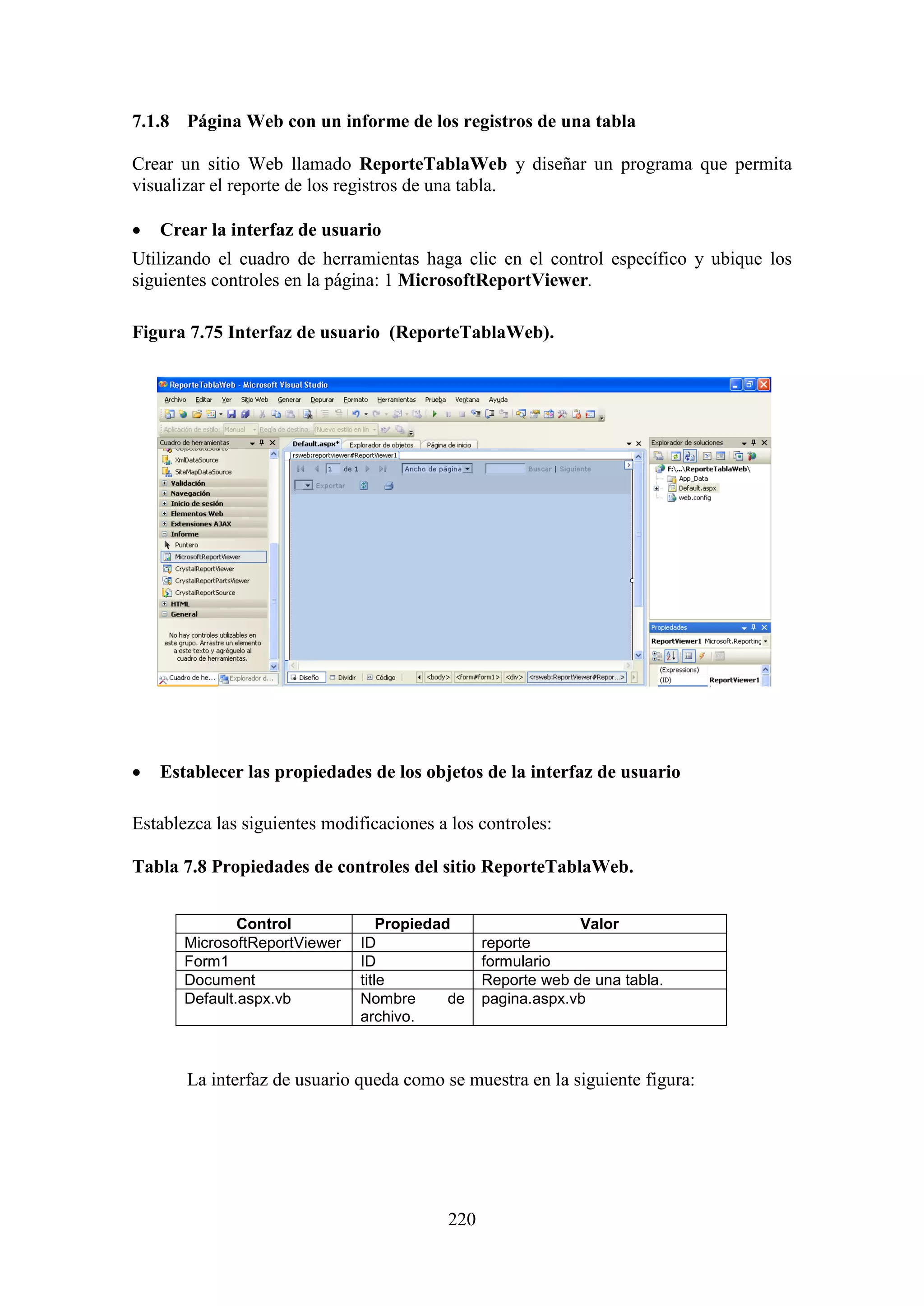220
7.1.8 Página Web con un informe de los registros de una tabla
Crear un sitio Web llamado ReporteTablaWeb y diseñar un programa que permita
visualizar el reporte de los registros de una tabla.
 Crear la interfaz de usuario
Utilizando el cuadro de herramientas haga clic en el control específico y ubique los
siguientes controles en la página: 1 MicrosoftReportViewer.
Figura 7.75 Interfaz de usuario (ReporteTablaWeb).
 Establecer las propiedades de los objetos de la interfaz de usuario
Establezca las siguientes modificaciones a los controles:
Tabla 7.8 Propiedades de controles del sitio ReporteTablaWeb.
Control Propiedad Valor
MicrosoftReportViewer ID reporte
Form1 ID formulario
Document title Reporte web de una tabla.
Default.aspx.vb Nombre de
archivo.
pagina.aspx.vb
La interfaz de usuario queda como se muestra en la siguiente figura:
 