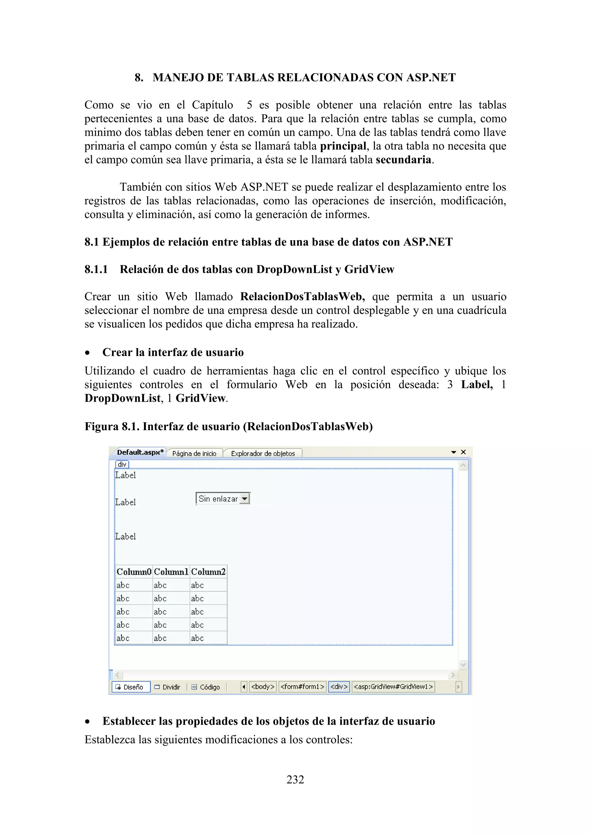 232
8. MANEJO DE TABLAS RELACIONADAS CON ASP.NET
Como se vio en el Capítulo 5 es posible obtener una relación entre las tablas
pertecenientes a una base de datos. Para que la relación entre tablas se cumpla, como
minimo dos tablas deben tener en común un campo. Una de las tablas tendrá como llave
primaria el campo común y ésta se llamará tabla principal, la otra tabla no necesita que
el campo común sea llave primaria, a ésta se le llamará tabla secundaria.
También con sitios Web ASP.NET se puede realizar el desplazamiento entre los
registros de las tablas relacionadas, como las operaciones de inserción, modificación,
consulta y eliminación, así como la generación de informes.
8.1 Ejemplos de relación entre tablas de una base de datos con ASP.NET
8.1.1 Relación de dos tablas con DropDownList y GridView
Crear un sitio Web llamado RelacionDosTablasWeb, que permita a un usuario
seleccionar el nombre de una empresa desde un control desplegable y en una cuadrícula
se visualicen los pedidos que dicha empresa ha realizado.
 Crear la interfaz de usuario
Utilizando el cuadro de herramientas haga clic en el control específico y ubique los
siguientes controles en el formulario Web en la posición deseada: 3 Label, 1
DropDownList, 1 GridView.
Figura 8.1. Interfaz de usuario (RelacionDosTablasWeb)
 Establecer las propiedades de los objetos de la interfaz de usuario
Establezca las siguientes modificaciones a los controles:
 