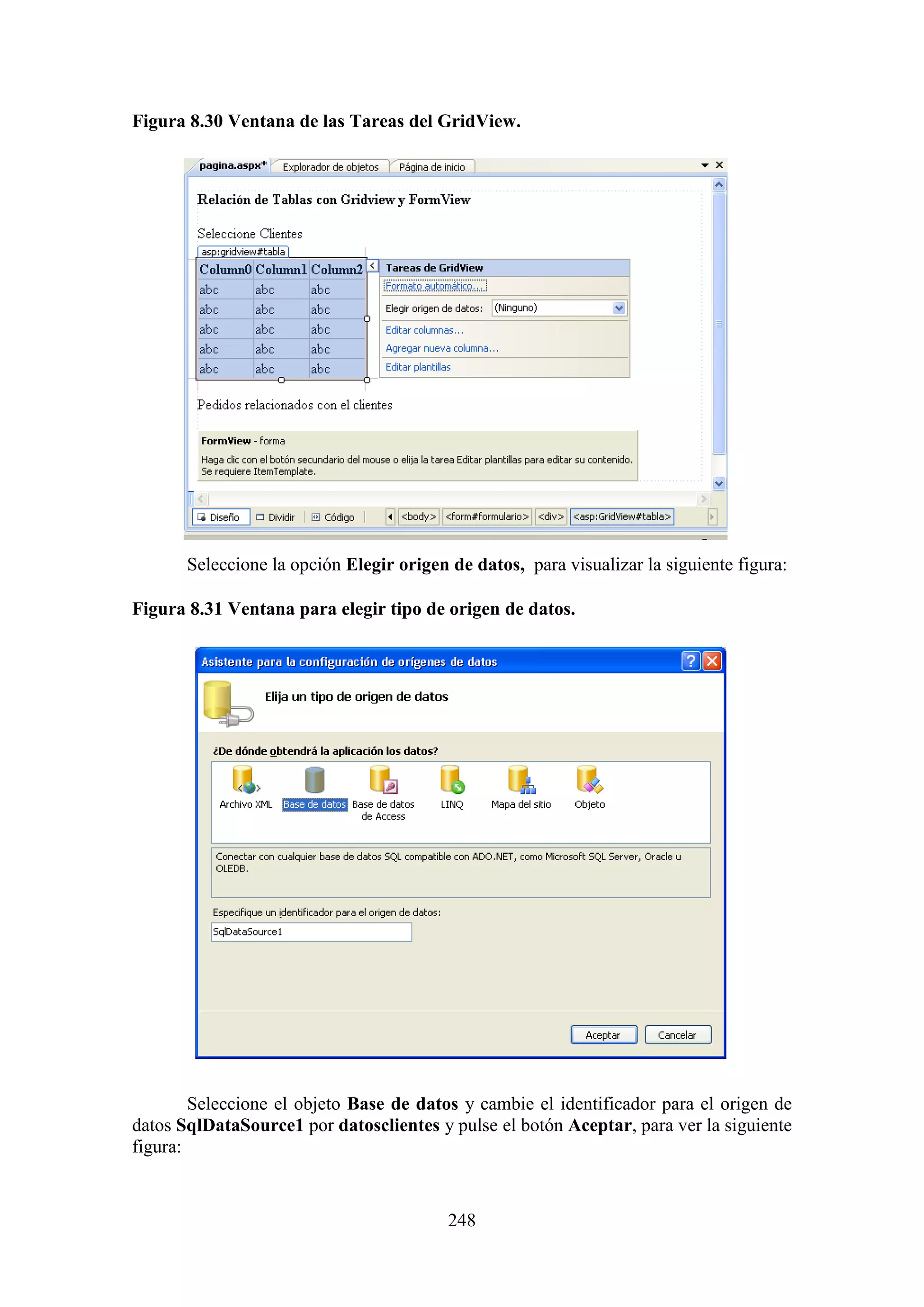 248
Figura 8.30 Ventana de las Tareas del GridView.
Seleccione la opción Elegir origen de datos, para visualizar la siguiente figura:
Figura 8.31 Ventana para elegir tipo de origen de datos.
Seleccione el objeto Base de datos y cambie el identificador para el origen de
datos SqlDataSource1 por datosclientes y pulse el botón Aceptar, para ver la siguiente
figura:
 