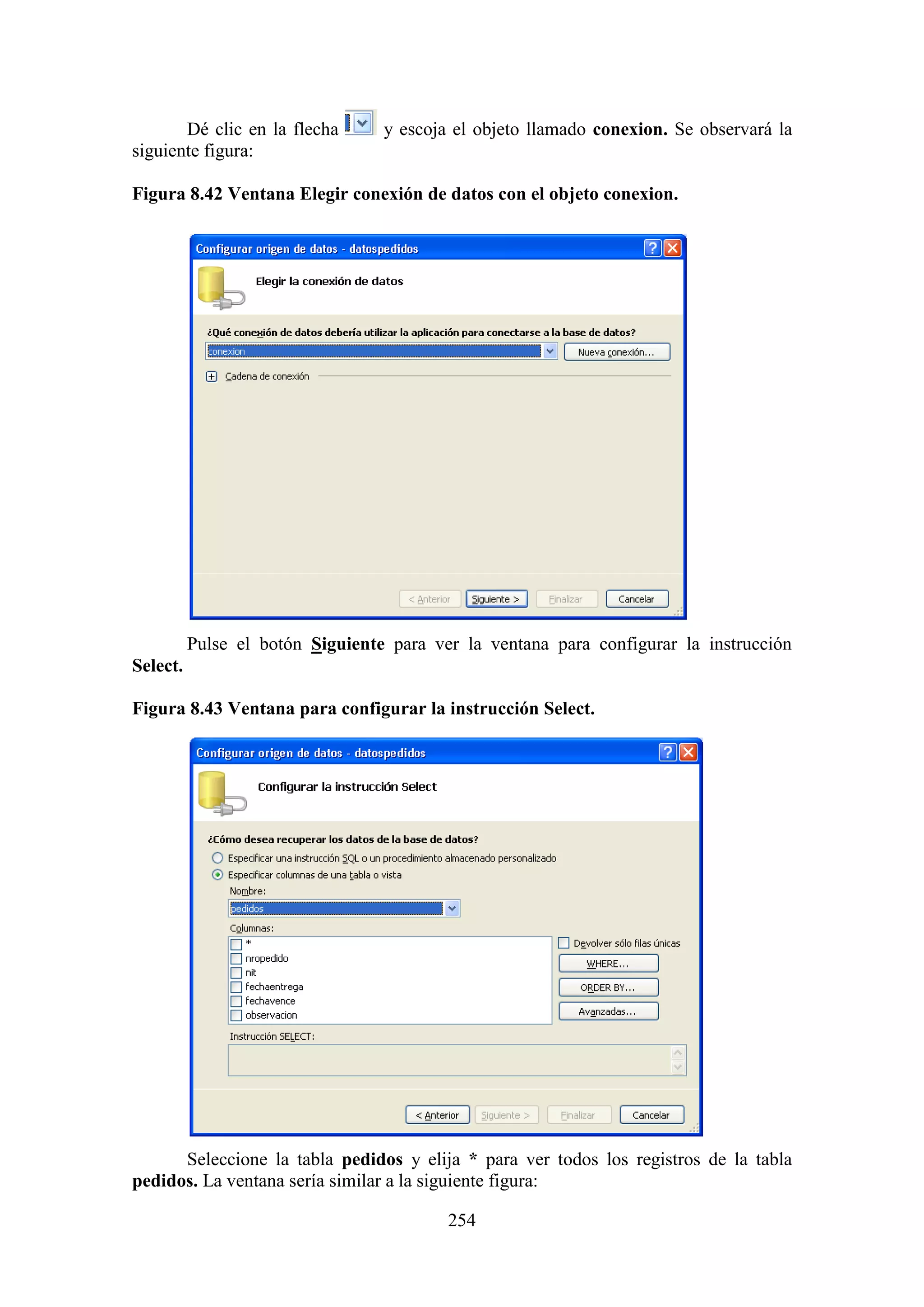254
Dé clic en la flecha y escoja el objeto llamado conexion. Se observará la
siguiente figura:
Figura 8.42 Ventana Elegir conexión de datos con el objeto conexion.
Pulse el botón Siguiente para ver la ventana para configurar la instrucción
Select.
Figura 8.43 Ventana para configurar la instrucción Select.
Seleccione la tabla pedidos y elija * para ver todos los registros de la tabla
pedidos. La ventana sería similar a la siguiente figura:
 