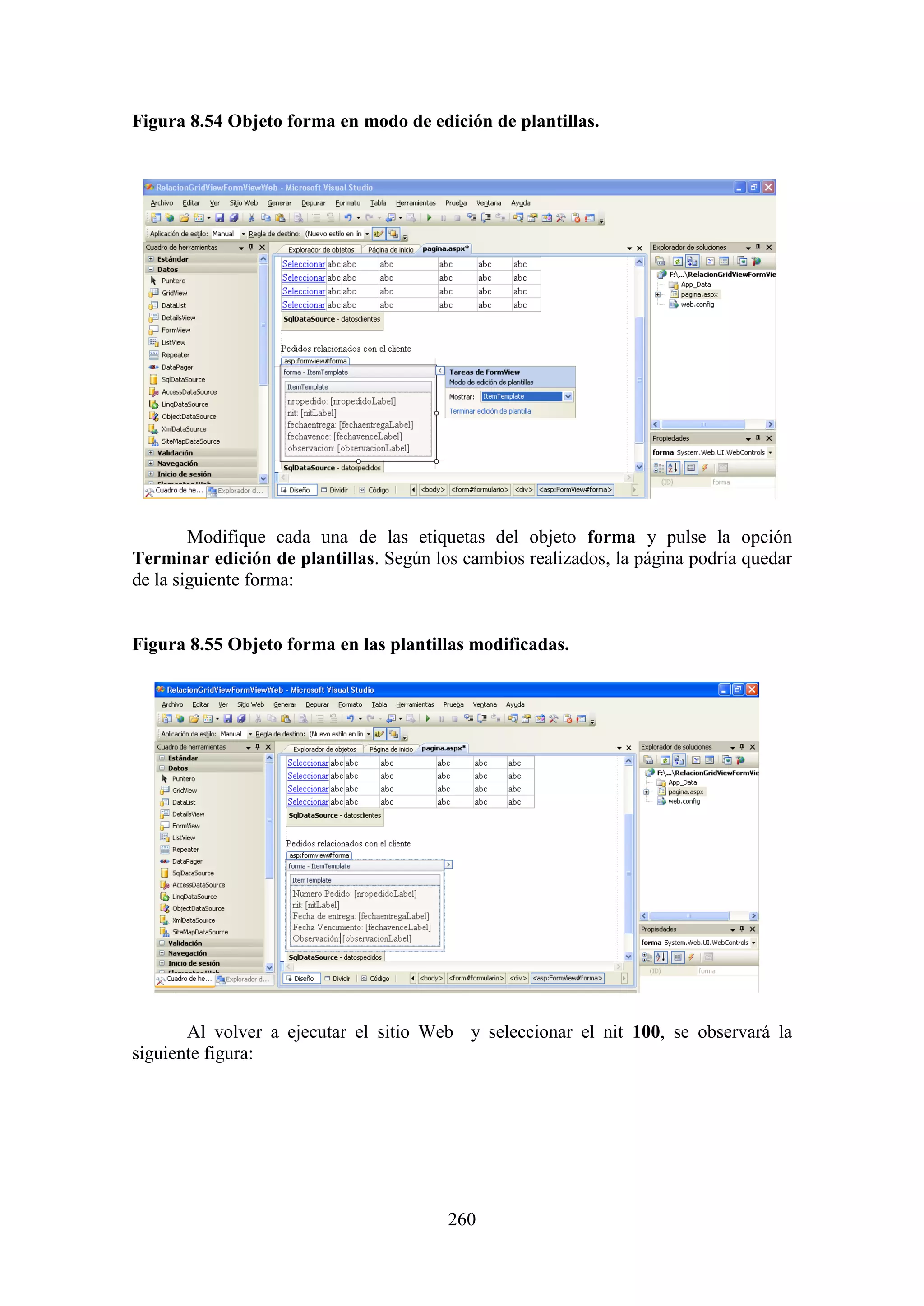 260
Figura 8.54 Objeto forma en modo de edición de plantillas.
Modifique cada una de las etiquetas del objeto forma y pulse la opción
Terminar edición de plantillas. Según los cambios realizados, la página podría quedar
de la siguiente forma:
Figura 8.55 Objeto forma en las plantillas modificadas.
Al volver a ejecutar el sitio Web y seleccionar el nit 100, se observará la
siguiente figura:
 