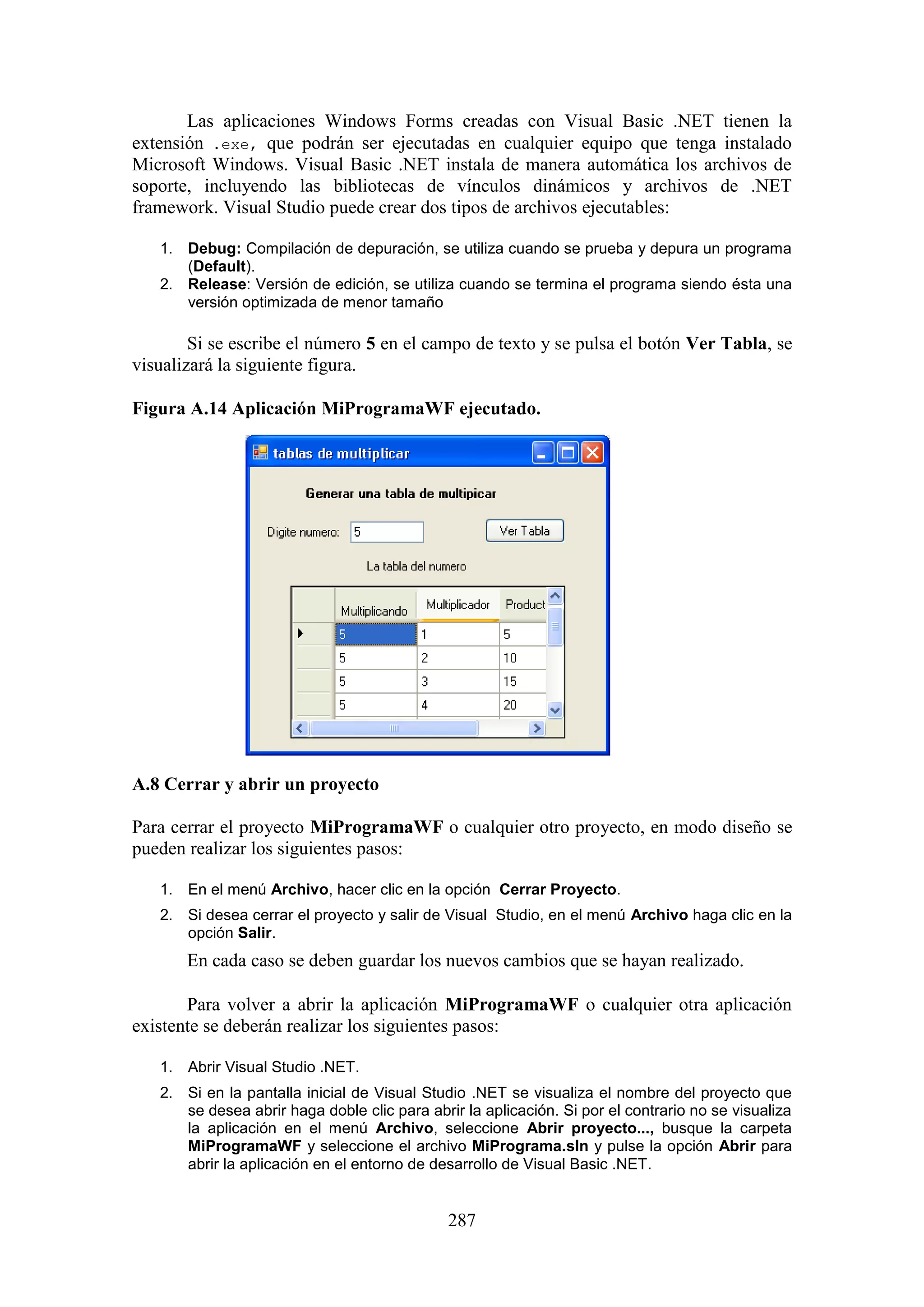 287
Las aplicaciones Windows Forms creadas con Visual Basic .NET tienen la
extensión .exe, que podrán ser ejecutadas en cualquier equipo que tenga instalado
Microsoft Windows. Visual Basic .NET instala de manera automática los archivos de
soporte, incluyendo las bibliotecas de vínculos dinámicos y archivos de .NET
framework. Visual Studio puede crear dos tipos de archivos ejecutables:
1. Debug: Compilación de depuración, se utiliza cuando se prueba y depura un programa
(Default).
2. Release: Versión de edición, se utiliza cuando se termina el programa siendo ésta una
versión optimizada de menor tamaño
Si se escribe el número 5 en el campo de texto y se pulsa el botón Ver Tabla, se
visualizará la siguiente figura.
Figura A.14 Aplicación MiProgramaWF ejecutado.
A.8 Cerrar y abrir un proyecto
Para cerrar el proyecto MiProgramaWF o cualquier otro proyecto, en modo diseño se
pueden realizar los siguientes pasos:
1. En el menú Archivo, hacer clic en la opción Cerrar Proyecto.
2. Si desea cerrar el proyecto y salir de Visual Studio, en el menú Archivo haga clic en la
opción Salir.
En cada caso se deben guardar los nuevos cambios que se hayan realizado.
Para volver a abrir la aplicación MiProgramaWF o cualquier otra aplicación
existente se deberán realizar los siguientes pasos:
1. Abrir Visual Studio .NET.
2. Si en la pantalla inicial de Visual Studio .NET se visualiza el nombre del proyecto que
se desea abrir haga doble clic para abrir la aplicación. Si por el contrario no se visualiza
la aplicación en el menú Archivo, seleccione Abrir proyecto..., busque la carpeta
MiProgramaWF y seleccione el archivo MiPrograma.sln y pulse la opción Abrir para
abrir la aplicación en el entorno de desarrollo de Visual Basic .NET.
 