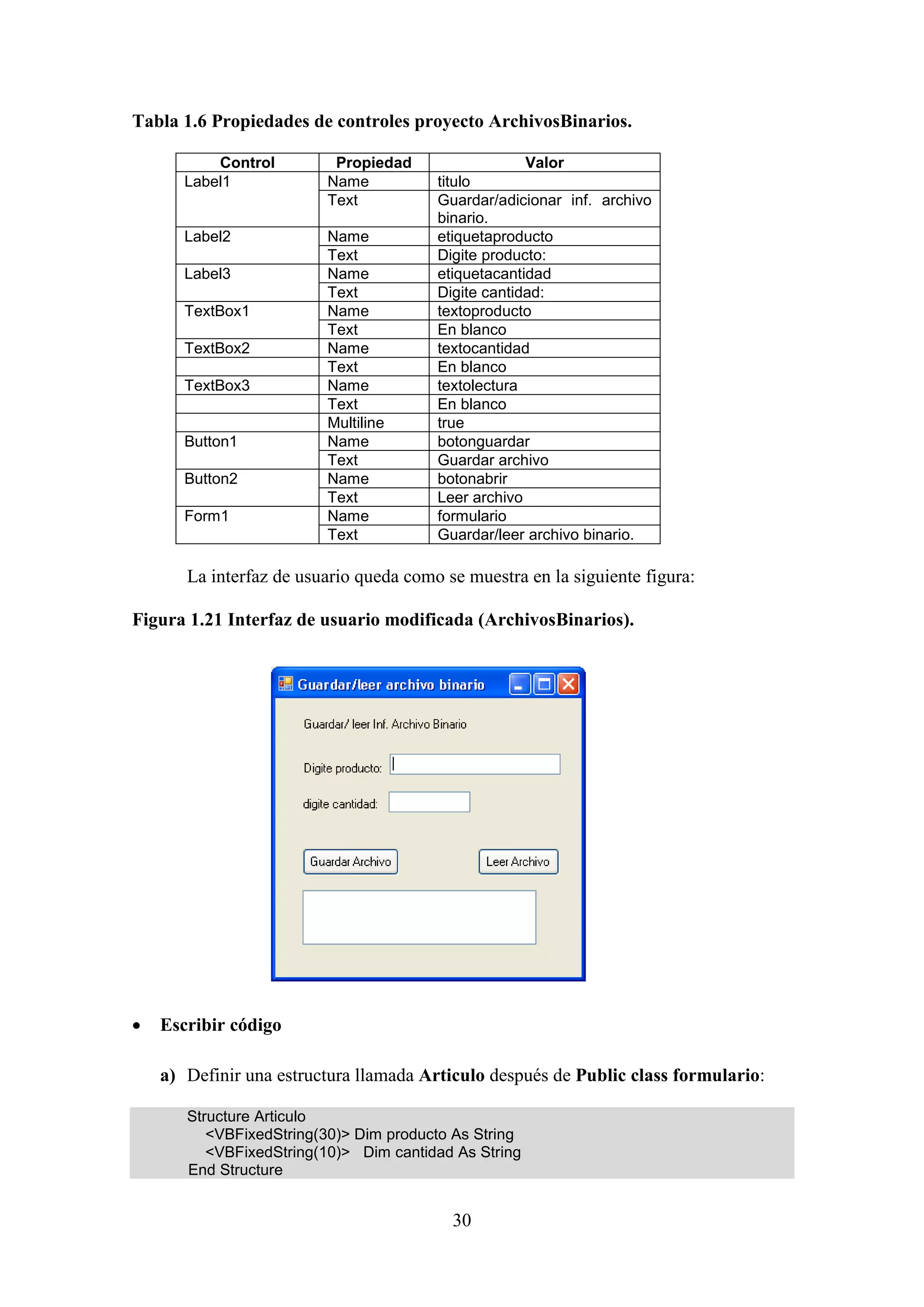 30
Tabla 1.6 Propiedades de controles proyecto ArchivosBinarios.
Control Propiedad Valor
Label1 Name titulo
Text Guardar/adicionar inf. archivo
binario.
Label2 Name etiquetaproducto
Text Digite producto:
Label3 Name etiquetacantidad
Text Digite cantidad:
TextBox1 Name textoproducto
Text En blanco
TextBox2 Name textocantidad
Text En blanco
TextBox3 Name textolectura
Text En blanco
Multiline true
Button1 Name botonguardar
Text Guardar archivo
Button2 Name botonabrir
Text Leer archivo
Form1 Name formulario
Text Guardar/leer archivo binario.
La interfaz de usuario queda como se muestra en la siguiente figura:
Figura 1.21 Interfaz de usuario modificada (ArchivosBinarios).
 Escribir código
a) Definir una estructura llamada Articulo después de Public class formulario:
Structure Articulo
<VBFixedString(30)> Dim producto As String
<VBFixedString(10)> Dim cantidad As String
End Structure
 