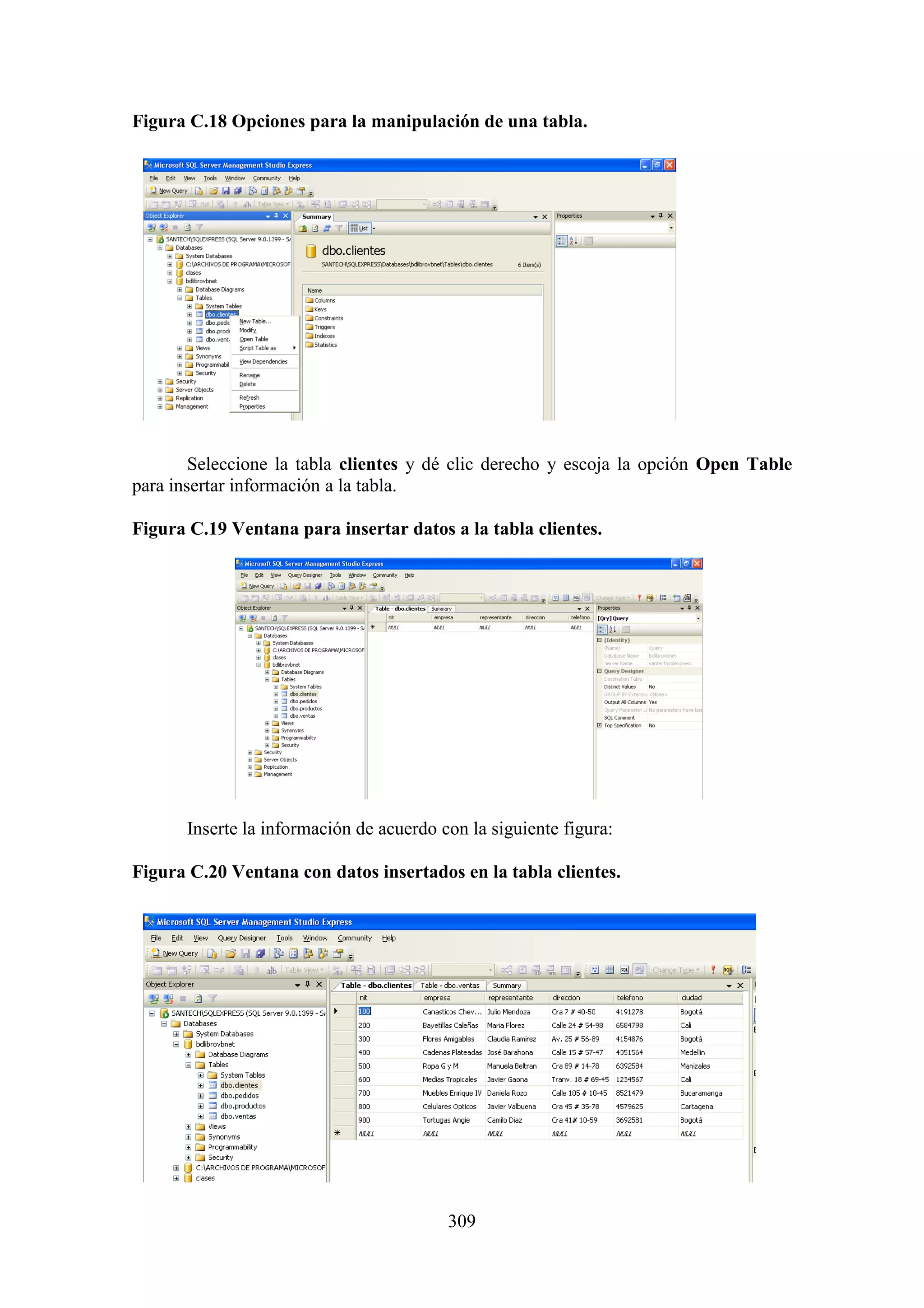 309
Figura C.18 Opciones para la manipulación de una tabla.
Seleccione la tabla clientes y dé clic derecho y escoja la opción Open Table
para insertar información a la tabla.
Figura C.19 Ventana para insertar datos a la tabla clientes.
Inserte la información de acuerdo con la siguiente figura:
Figura C.20 Ventana con datos insertados en la tabla clientes.
 