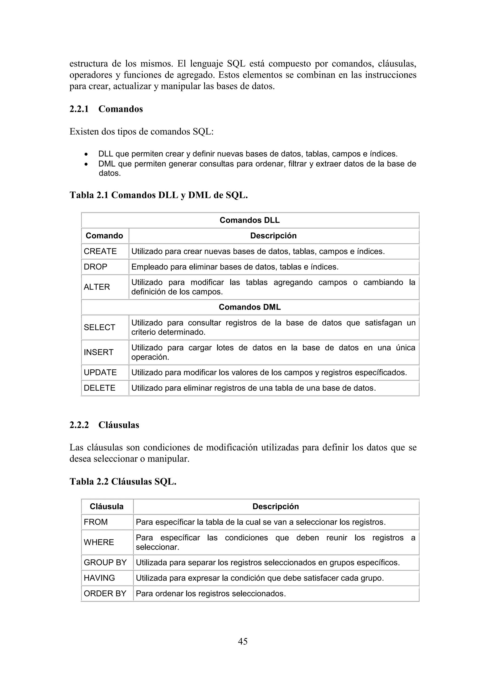 45
estructura de los mismos. El lenguaje SQL está compuesto por comandos, cláusulas,
operadores y funciones de agregado. Estos elementos se combinan en las instrucciones
para crear, actualizar y manipular las bases de datos.
2.2.1 Comandos
Existen dos tipos de comandos SQL:
 DLL que permiten crear y definir nuevas bases de datos, tablas, campos e índices.
 DML que permiten generar consultas para ordenar, filtrar y extraer datos de la base de
datos.
Tabla 2.1 Comandos DLL y DML de SQL.
Comandos DLL
Comando Descripción
CREATE Utilizado para crear nuevas bases de datos, tablas, campos e índices.
DROP Empleado para eliminar bases de datos, tablas e índices.
ALTER
Utilizado para modificar las tablas agregando campos o cambiando la
definición de los campos.
Comandos DML
SELECT
Utilizado para consultar registros de la base de datos que satisfagan un
criterio determinado.
INSERT
Utilizado para cargar lotes de datos en la base de datos en una única
operación.
UPDATE Utilizado para modificar los valores de los campos y registros específicados.
DELETE Utilizado para eliminar registros de una tabla de una base de datos.
2.2.2 Cláusulas
Las cláusulas son condiciones de modificación utilizadas para definir los datos que se
desea seleccionar o manipular.
Tabla 2.2 Cláusulas SQL.
Cláusula Descripción
FROM Para específicar la tabla de la cual se van a seleccionar los registros.
WHERE
Para específicar las condiciones que deben reunir los registros a
seleccionar.
GROUP BY Utilizada para separar los registros seleccionados en grupos específicos.
HAVING Utilizada para expresar la condición que debe satisfacer cada grupo.
ORDER BY Para ordenar los registros seleccionados.
 