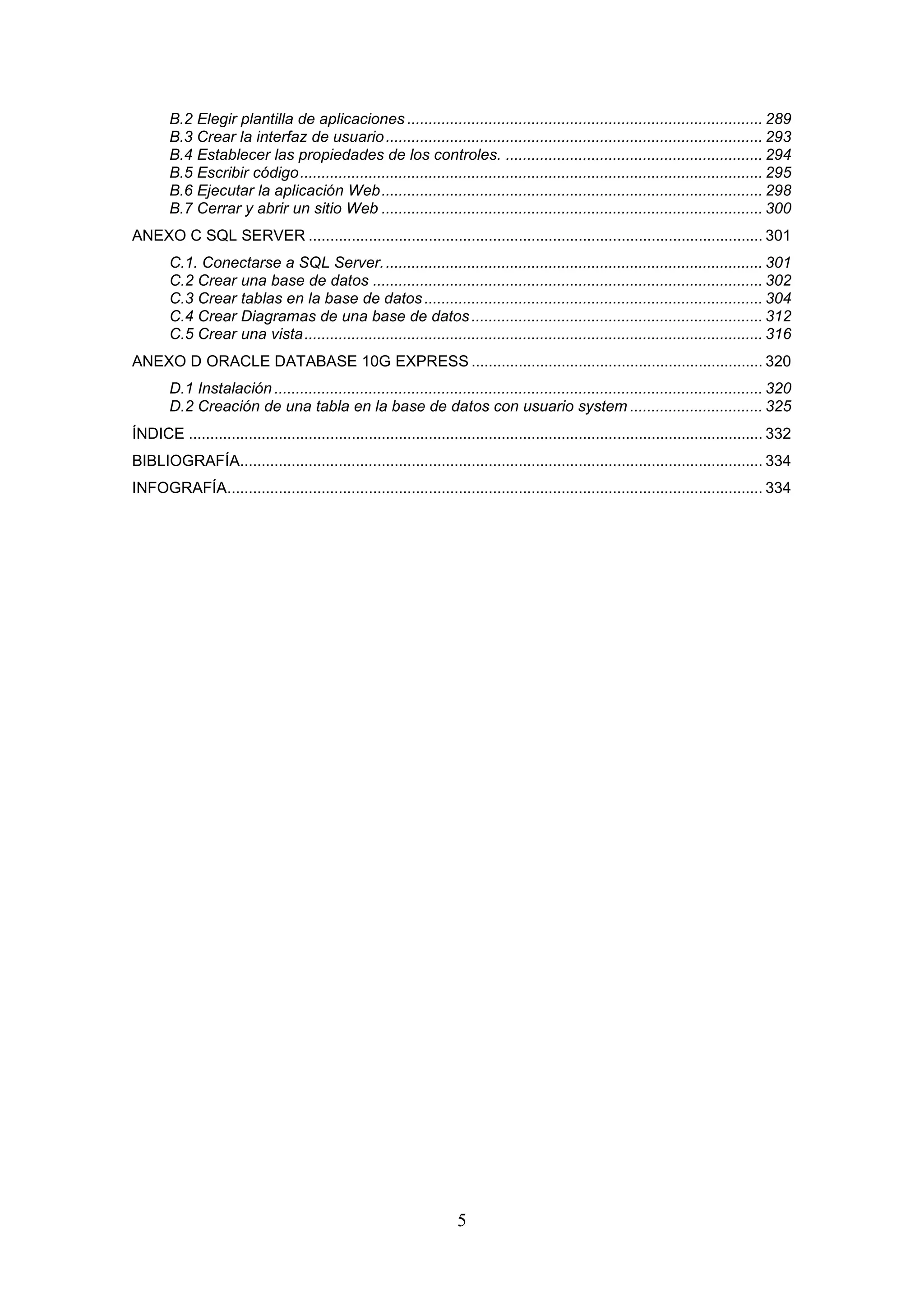 5
B.2 Elegir plantilla de aplicaciones ................................................................................... 289
B.3 Crear la interfaz de usuario........................................................................................ 293
B.4 Establecer las propiedades de los controles. ............................................................ 294
B.5 Escribir código............................................................................................................ 295
B.6 Ejecutar la aplicación Web......................................................................................... 298
B.7 Cerrar y abrir un sitio Web ......................................................................................... 300
ANEXO C SQL SERVER .......................................................................................................... 301
C.1. Conectarse a SQL Server......................................................................................... 301
C.2 Crear una base de datos ........................................................................................... 302
C.3 Crear tablas en la base de datos............................................................................... 304
C.4 Crear Diagramas de una base de datos.................................................................... 312
C.5 Crear una vista........................................................................................................... 316
ANEXO D ORACLE DATABASE 10G EXPRESS .................................................................... 320
D.1 Instalación .................................................................................................................. 320
D.2 Creación de una tabla en la base de datos con usuario system ............................... 325
ÍNDICE ...................................................................................................................................... 332
BIBLIOGRAFÍA.......................................................................................................................... 334
INFOGRAFÍA............................................................................................................................. 334
 
