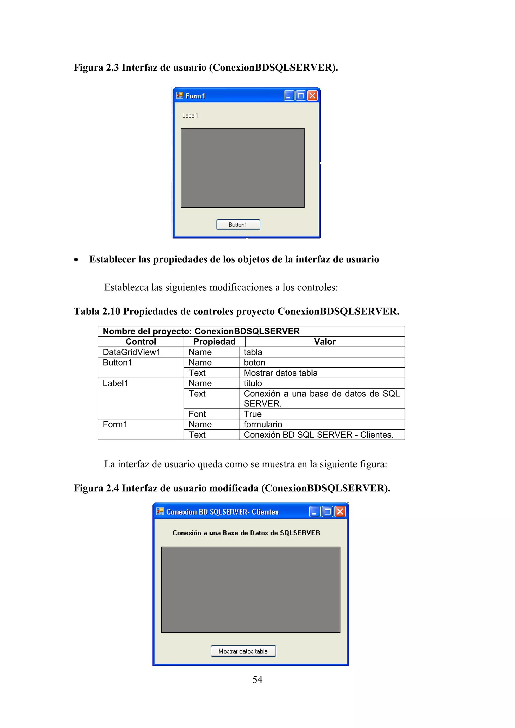 54
Figura 2.3 Interfaz de usuario (ConexionBDSQLSERVER).
 Establecer las propiedades de los objetos de la interfaz de usuario
Establezca las siguientes modificaciones a los controles:
Tabla 2.10 Propiedades de controles proyecto ConexionBDSQLSERVER.
Nombre del proyecto: ConexionBDSQLSERVER
Control Propiedad Valor
DataGridView1 Name tabla
Button1 Name boton
Text Mostrar datos tabla
Label1 Name titulo
Text Conexión a una base de datos de SQL
SERVER.
Font True
Form1 Name formulario
Text Conexión BD SQL SERVER - Clientes.
La interfaz de usuario queda como se muestra en la siguiente figura:
Figura 2.4 Interfaz de usuario modificada (ConexionBDSQLSERVER).
 