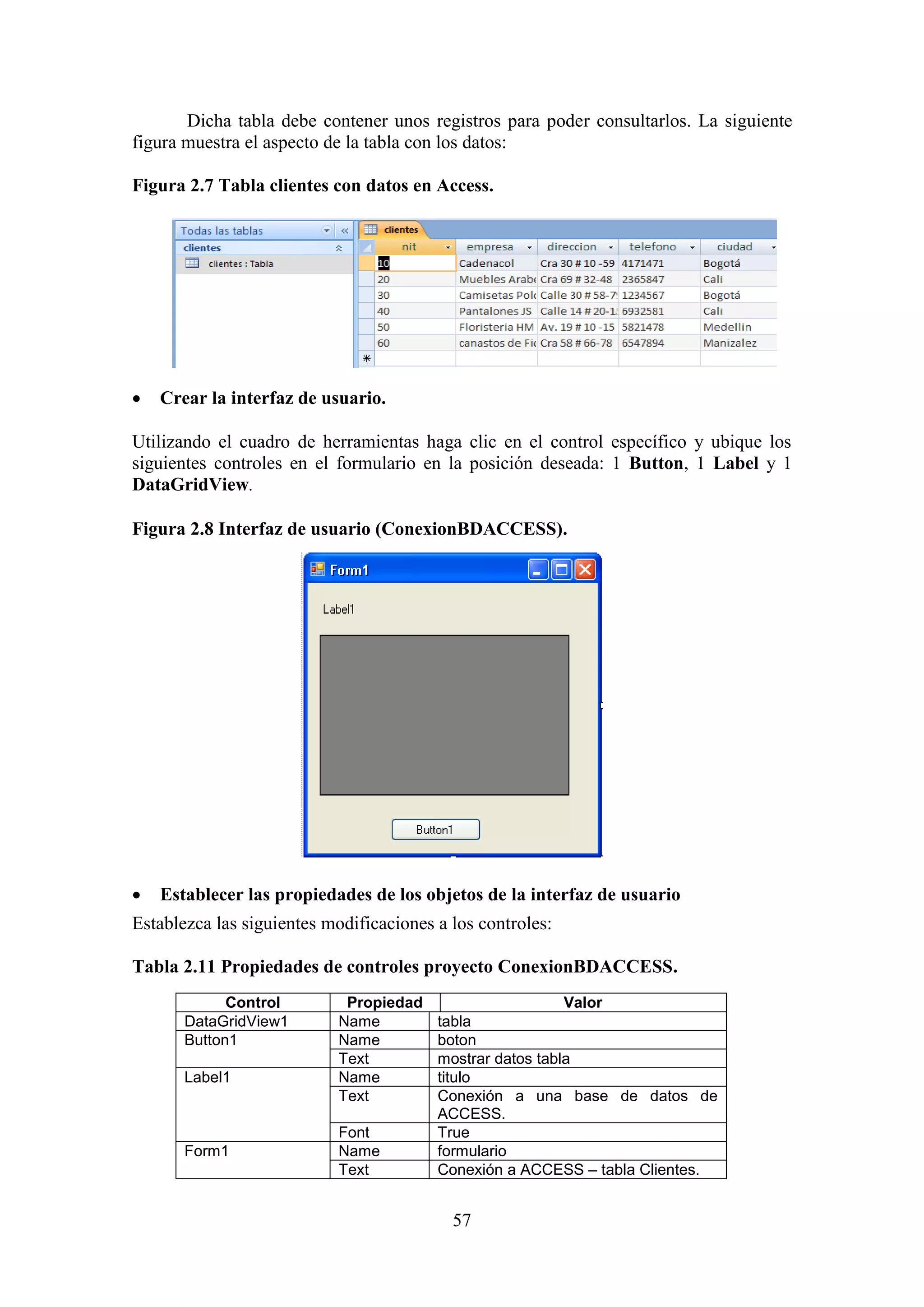57
Dicha tabla debe contener unos registros para poder consultarlos. La siguiente
figura muestra el aspecto de la tabla con los datos:
Figura 2.7 Tabla clientes con datos en Access.
 Crear la interfaz de usuario.
Utilizando el cuadro de herramientas haga clic en el control específico y ubique los
siguientes controles en el formulario en la posición deseada: 1 Button, 1 Label y 1
DataGridView.
Figura 2.8 Interfaz de usuario (ConexionBDACCESS).
 Establecer las propiedades de los objetos de la interfaz de usuario
Establezca las siguientes modificaciones a los controles:
Tabla 2.11 Propiedades de controles proyecto ConexionBDACCESS.
Control Propiedad Valor
DataGridView1 Name tabla
Button1 Name boton
Text mostrar datos tabla
Label1 Name titulo
Text Conexión a una base de datos de
ACCESS.
Font True
Form1 Name formulario
Text Conexión a ACCESS – tabla Clientes.
 