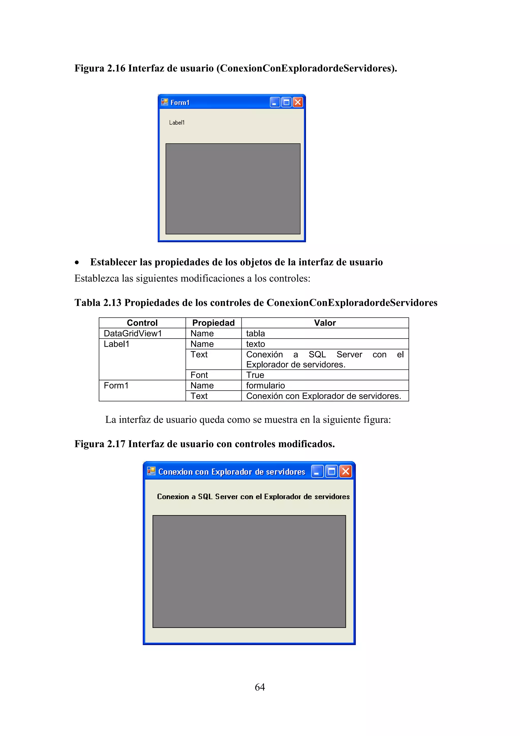 64
Figura 2.16 Interfaz de usuario (ConexionConExploradordeServidores).
 Establecer las propiedades de los objetos de la interfaz de usuario
Establezca las siguientes modificaciones a los controles:
Tabla 2.13 Propiedades de los controles de ConexionConExploradordeServidores
Control Propiedad Valor
DataGridView1 Name tabla
Label1 Name texto
Text Conexión a SQL Server con el
Explorador de servidores.
Font True
Form1 Name formulario
Text Conexión con Explorador de servidores.
La interfaz de usuario queda como se muestra en la siguiente figura:
Figura 2.17 Interfaz de usuario con controles modificados.
 