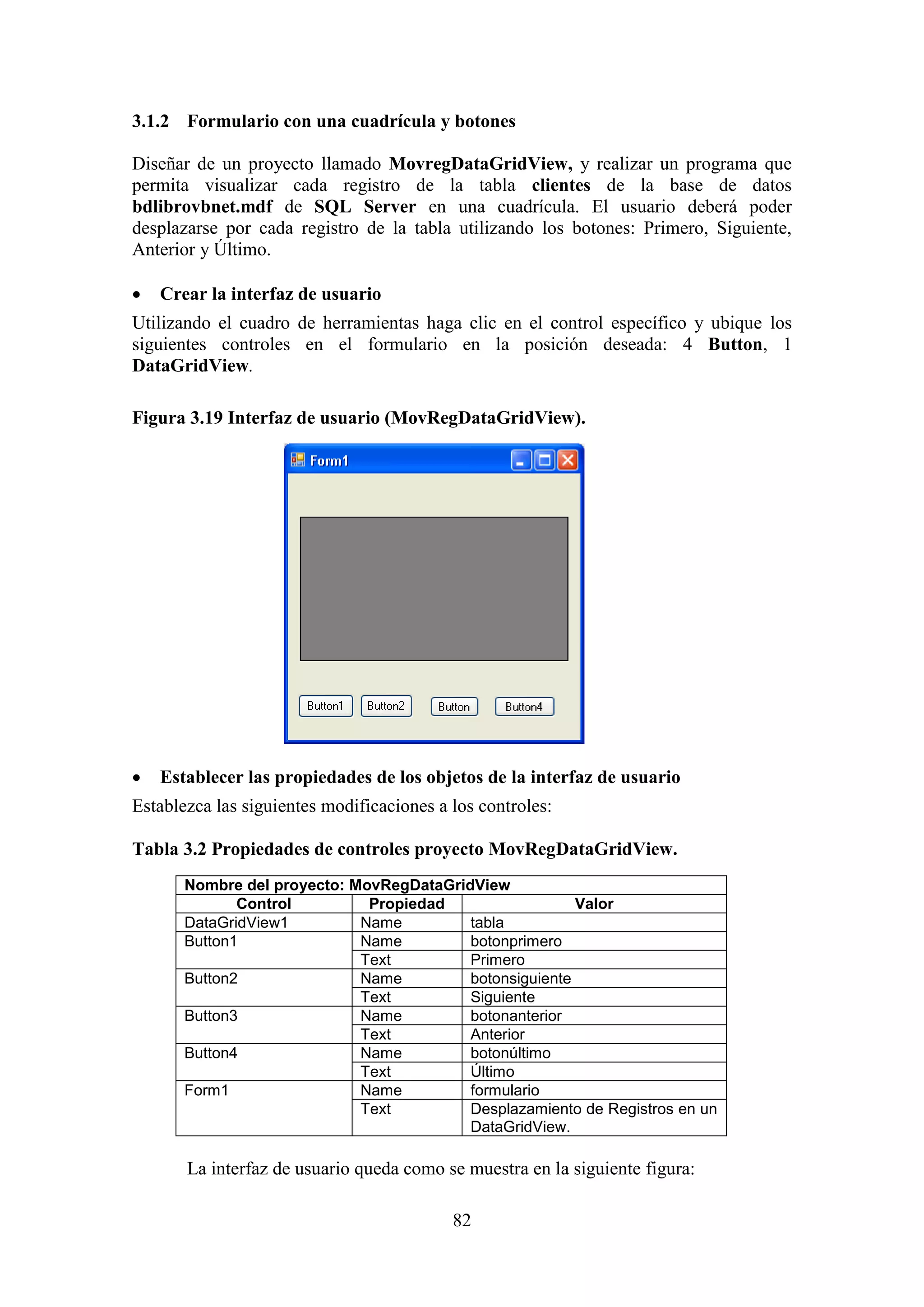 82
3.1.2 Formulario con una cuadrícula y botones
Diseñar de un proyecto llamado MovregDataGridView, y realizar un programa que
permita visualizar cada registro de la tabla clientes de la base de datos
bdlibrovbnet.mdf de SQL Server en una cuadrícula. El usuario deberá poder
desplazarse por cada registro de la tabla utilizando los botones: Primero, Siguiente,
Anterior y Último.
 Crear la interfaz de usuario
Utilizando el cuadro de herramientas haga clic en el control específico y ubique los
siguientes controles en el formulario en la posición deseada: 4 Button, 1
DataGridView.
Figura 3.19 Interfaz de usuario (MovRegDataGridView).
 Establecer las propiedades de los objetos de la interfaz de usuario
Establezca las siguientes modificaciones a los controles:
Tabla 3.2 Propiedades de controles proyecto MovRegDataGridView.
Nombre del proyecto: MovRegDataGridView
Control Propiedad Valor
DataGridView1 Name tabla
Button1 Name botonprimero
Text Primero
Button2 Name botonsiguiente
Text Siguiente
Button3 Name botonanterior
Text Anterior
Button4 Name botonúltimo
Text Último
Form1 Name formulario
Text Desplazamiento de Registros en un
DataGridView.
La interfaz de usuario queda como se muestra en la siguiente figura:
 