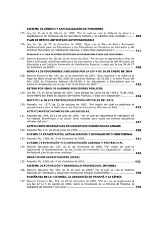 CÓDIGO DE ÉTICA PROFESIONAL PARA LOS BIBLIOTECÓLOGOS 
62. Decreto Ejecutivo No. 47, de 7 de febrero de 1996, “Por el cual se adopta el Código de 
Ética Profesional y se establecen las Faltas y Sanciones de los Bibliotecólogos de la 
República de Panamá que ejerzan funciones en Bibliotecas, centros de documentación, 
centros de información bibliográficos y departamentos, divisiones o secciones de 
servicios bibliotecarios, documentales, centros de recursos educativos y 
similares.”............................................................................................................. 
250 
ASOCIACIONES ESTUDIANTILES 
63. Decreto No. 135 de 10 de abril de 1972, “Por medio del cual se Reglamenta el 
Funcionamiento de las Asociaciones Estudiantiles.”...................................................... 
253 
PROMESA ESTUDIANTIL 
64. Decreto Ejecutivo No. 103, de 5 de abril de 2002, “Por el cual se aprueba el texto de la 
promesa que los estudiantes harán cada lunes, durante el Acto de saludo a la bandera.”.. 
256 
UNIFORME ESCOLAR 
65. Resuelto No. 106, de 6 de febrero de 1999................................................................ 257 
INSTITUCIONES EDUCATIVAS SIN FINES DE LUCRO 
66. Decreto Ejecutivo No. 107, de 24 de junio de 1999, “Por el cual reglamenta la aprobación 
de las Instituciones Educativas sin fines de lucro, por parte del Ministerio de Educación.”. 
258 
67. Resolución No. 201-2788, de 7 de agosto de 2008, “Por la cual se deja sin efecto la 
Resolución No. 201-039 de 1997 y se actualiza el Reconocimiento e Inscripción de las 
Instituciones Educativas o de Beneficencia del País, sin Fines Lucrativos”…………………………. 
259 
PLANIFICACIÓN EDUCATIVA 
68. Decreto Ejecutivo No. 404, de 31 de julio de 2003, “Por el cual se crea el sistema 
nacional de planificación educativa en sus tres niveles central, regional y local.”.............. 
261 
REGLAMENTO DE FUNCIONAMIENTO DE LOS CENTROS DE ENSEÑANZA SUPERIOR 
69. Resuelto No. 2185, de 10 de diciembre de 2007, “Por el cual se Reglamenta el 
Funcionamiento de los Centros de Enseñanza Superior, Oficiales y Particulares, y se 
dictan otras disposiciones.”...................................................................................... 
263 
PLAN DE ESTUDIO DEL PRIMER NIVEL DE ENSEÑANZA 
70. Decreto Ejecutivo No. 365, de 7 de noviembre de 2007, “Que establece el Plan de 
Estudio del Primer Nivel de Enseñanza o Educación Básica General Formal y se dictan 
otras disposiciones.”………………………………………………………………………………………………………………. 
266 
EDUCACIÓN DE JÓVENES Y ADULTOS 
71. Decreto Ejecutivo No. 229, de 17 de marzo de 2004, “Por el cual se establece el Plan y 
los Programa de Estudios para la Educación Básica General de Jóvenes y Adultos y se 
Autoriza su Aplicación en todos los Centros Educativos Oficiales y Particulares a Nivel 
Nacional.”............................................................................................................. 
268 
PROGRAMA TECNOEDÚCAME PANAMÁ 
72. Decreto Ejecutivo No. 207, de 22 de junio de 2009, “Que crea en el Ministerio de 
Educación el Programa Tecnoedúcame Panamá, y se establece el Plan de Estudio del 
Bachillerato Integral.”………………………………………………………………………………………………….……….. 
271 
TELEBÁSICA 
73. Decreto Ejecutivo No. 11, de 8 de febrero de 2007, “Por el cual se crea el Programa de 
Telebásica de Panamá.”…………………………………………………………………………………………………………. 
274 
74. Decreto Ejecutivo No. 263, de 27 de agosto de 2007, “Que crea el Programa Tele 
Educación para Jóvenes y Adultos, en el Ministerio de Educación.”……………………………………. 
277 
 