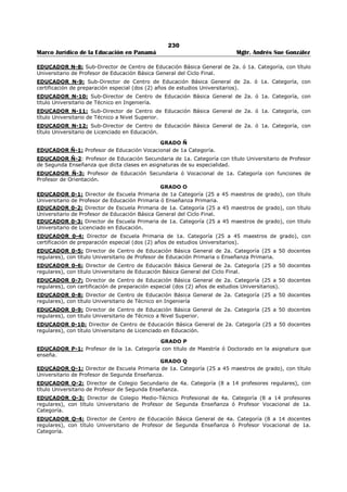 226 
Marco Jurídico de la Educación en Panamá Mgtr. Andrés Sue González 
EL CONSEJO NACIONAL DE LEGISLACIÓN 
LEY No. 47 
(20 de noviembre de 1979) 
Publicado en la Gaceta Oficial No.19,011 de 15 de febrero de 1980. 
“Por la cual se establece la Política Salarial para todos los Educadores que laboran en el 
Ministerio de Educación y se dictan otras medidas relacionadas con dicha política.” 
DECRETA: 
Artículo 1: El personal que imparte enseñanza, o dirige, u organiza o supervisa en instituciones 
educativas oficiales bajo la dependencia del Ministerio de Educación, tendrá la denominación común 
“Educador” y estará sujeto a la clasificación y remuneración que establece esta Ley. 
Artículo 2: La remuneración mensual del educador en servicio activo estará integrada por: 
a) El sueldo base del grado correspondiente al cargo en el cual esté clasificado de conformidad con la 
condición del nombramiento; 
b) Los sobresueldos ya adquiridos; 
c) Los sobresueldos que posteriormente se obtengan con base a la presente ley; 
d) Las compensaciones adicionales legalmente establecidas; y 
e) Los aumentos de sueldo que otorgue el Gobierno Nacional. 
Artículo 3: La escala de Sueldo del Educador constará de veintidós (22) grados, de conformidad con los 
estudios realizados (títulos), funciones, responsabilidades y esfuerzos inherentes al cargo. 
A cada grado corresponde el Sueldo Base mensual, de conformidad con la condición de su nombramiento, 
así: 
GRADO PROBATORIO 0 INTERINO PERMANENTE 
B/ B/ B/ 
A 201.00 224.00 
B 212.50 245.50 
C 265.50 270.00 
D 270.00 290.00 
E 290.00 310.00 
F 290.00 310.00 
G 330.00 330.00 
H 310.00 350.00 
1 310.00 350.00 
1 310.00 350.00 
K 370.00 370.00 
L 345.00 410.00 
M 345.00 410.00 
N 370.00 450.00 
Ñ 370.00 450.00 
0 410.00 490.00 
P 410.00 590.00 
Q 420.00 530.00 
R 445.00 570.00 
S 520.00 620.00 
T 545.00 670.00 
U 570.00 720.00 
Parágrafo. Los sueldos bases señalados en este artículo contemplan el aumento de Cuarenta Balboas 
(B/.40.00) mensuales hecho efectivo a partir del 10 de enero de 1979. 
Artículo 4. El sueldo base mensual indicado en el Artículo 3 de esta Ley, será aumentado en Diez 
Balboas (B/.10.00) a partir del 1º de enero de 1980 y en Diez Balboas (B/.10.00) a partir del 10 de julio 
de 1980. A partir del 1º de enero de 1981, los Educadores clasificados del Grado A del Grado K, recibirán 
un aumento de Quince Balboas (B/.15.00) y los clasificados del Grado L al Grado U, un aumento de Diez 
Balboas (B/.10.00). 
 