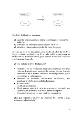 26
El análisis de Objetivos sirve para:
a) Describir una situación que podría existir luego de resolver los
problemas.
b) Identificar las relaciones medio-fin entre objetivos
c) Visualizar estas relaciones medio-fin en un diagrama
En lugar de tener las relaciones causa-efecto, el árbol de objetivos
refleja relaciones medio-fin, es decir cada problema convertido en
objetivo en sus diferentes niveles, pasa a ser un medio para solucionar
el problema de desarrollo.
¿Cómo elaborar el árbol de objetivos?
 Formular todas las condiciones negativas del árbol de problemas
en forma de condiciones positivas, las mismas que son deseadas
y realizables en la práctica. Iniciando desde el problema que se
encuentre en la parte superior.
 Examinar las relaciones medios-fines establecidas, para
garantizar la validez e integridad del esquema
 Si es necesario:
- Modificar los objetivos
- Añadir nuevos medios si estos son relevantes y necesario para
alcanzar el fin propuesto en el nivel inmediato superior.
- Eliminar objetivos que no sean efectivos o necesarios
¿Por qué empezamos el Árbol de Objetivos desde arriba y luego
continuamos hacia abajo?
PROBLEMA OBJETIVO
 