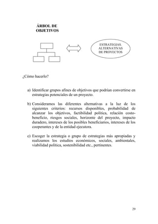 29
ÁRBOL DE
OBJETIVOS
¿Cómo hacerlo?
a) Identificar grupos afines de objetivos que podrían convertirse en
estrategias potenciales de un proyecto.
b) Consideramos las diferentes alternativas a la luz de los
siguientes criterios: recursos disponibles, probabilidad de
alcanzar los objetivos, factibilidad política, relación costo-
beneficio, riesgos sociales, horizonte del proyecto, impacto
duradero, intereses de los posibles beneficiarios, intereses de los
cooperantes y de la entidad ejecutora.
c) Escoger la estrategia o grupo de estrategias más apropiadas y
realizamos los estudios económicos, sociales, ambientales,
viabilidad política, sostenibilidad etc., pertinentes.
ESTRATEGIAS.
ALTERNATIVAS
DE PROYECTOS
 