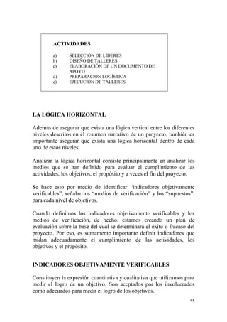 48
ACTIVIDADES
a) SELECCIÓN DE LÍDERES
b) DISEÑO DE TALLERES
c) ELABORACIÓN DE UN DOCUMENTO DE
APOYO
d) PREPARACIÓN LOGÍSTICA
e) EJECUCIÓN DE TALLERES
LA LÓGICA HORIZONTAL
Además de asegurar que exista una lógica vertical entre los diferentes
niveles descritos en el resumen narrativo de un proyecto, también es
importante asegurar que exista una lógica horizontal dentro de cada
uno de estos niveles.
Analizar la lógica horizontal consiste principalmente en analizar los
medios que se han definido para evaluar el cumplimiento de las
actividades, los objetivos, el propósito y a veces el fin del proyecto.
Se hace esto por medio de identificar “indicadores objetivamente
verificables”, señalar los “medios de verificación” y los “supuestos”,
para cada nivel de objetivos.
Cuando definimos los indicadores objetivamente verificables y los
medios de verificación, de hecho, estamos creando un plan de
evaluación sobre la base del cual se determinará el éxito o fracaso del
proyecto. Por eso, es sumamente importante definir indicadores que
midan adecuadamente el cumplimiento de las actividades, los
objetivos y el propósito.
INDICADORES OBJETIVAMENTE VERIFICABLES
Constituyen la expresión cuantitativa y cualitativa que utilizamos para
medir el logro de un objetivo. Son aceptados por los involucrados
como adecuados para medir el logro de los objetivos.
 