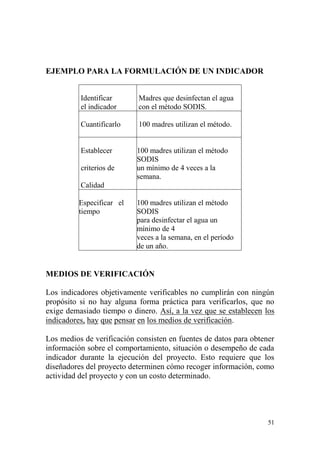 51
EJEMPLO PARA LA FORMULACIÓN DE UN INDICADOR
Identificar Madres que desinfectan el agua
el indicador con el método SODIS.
Cuantificarlo 100 madres utilizan el método.
Establecer 100 madres utilizan el método
SODIS
criterios de un mínimo de 4 veces a la
semana.
Calidad
Especificar el
tiempo
100 madres utilizan el método
SODIS
para desinfectar el agua un
mínimo de 4
veces a la semana, en el período
de un año.
MEDIOS DE VERIFICACIÓN
Los indicadores objetivamente verificables no cumplirán con ningún
propósito si no hay alguna forma práctica para verificarlos, que no
exige demasiado tiempo o dinero. Así, a la vez que se establecen los
indicadores, hay que pensar en los medios de verificación.
Los medios de verificación consisten en fuentes de datos para obtener
información sobre el comportamiento, situación o desempeño de cada
indicador durante la ejecución del proyecto. Esto requiere que los
diseñadores del proyecto determinen cómo recoger información, como
actividad del proyecto y con un costo determinado.
 