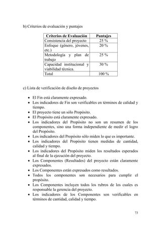 73
b) Criterios de evaluación y puntajes
Criterios de Evaluación Puntajes
Consistencia del proyecto 25 %
Enfoque (género, jóvenes,
etc.)
20 %
Metodología y plan de
trabajo
25 %
Capacidad institucional y
viabilidad técnica.
30 %
Total 100 %
c) Lista de verificación de diseño de proyectos
 El Fin está claramente expresado.
 Los indicadores de Fin son verificables en términos de calidad y
tiempo.
 El proyecto tiene un sólo Propósito.
 El Propósito está claramente expresado.
 Los indicadores del Propósito no son un resumen de los
componentes, sino una forma independiente de medir el logro
del Propósito.
 Los indicadores del Propósito sólo miden lo que es importante.
 Los indicadores del Propósito tienen medidas de cantidad,
calidad y tiempo.
 Los indicadores del Propósito miden los resultados esperados
al final de la ejecución del proyecto.
 Los Componentes (Resultados) del proyecto están claramente
expresados.
 Los Componentes están expresados como resultados.
 Todos los componentes son necesarios para cumplir el
propósito.
 Los Componentes incluyen todos los rubros de los cuales es
responsable la gerencia del proyecto.
 Los indicadores de los Componentes son verificables en
términos de cantidad, calidad y tiempo.
 