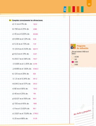 29
B
1
Mis dudas y preguntas
3. 	Completa correctamente las afirmaciones.
	
a)	11 es el 9% de:	
	
b)	740 es el 25% de:
c)	45 es el 0.05% de:	
	
d)	0.904 es el 10% de:
	
e)	5.16 es el 73% de:	
	f)	1314 es el 210% de:
	
g)	612 es el 19% de:	
	
h)	253.7 es el 36% de:
	i)	0.005 es el 1.05% de:	
	j)	8 390 es el 150% de:
	
k)	125 es el 20% de:	
	l)	1.5 es el 0.34% de:
	
m)	
144.3 es el 57% de:	
	
n)	82 es el 66% de:
	
o)	40 es el 25% de:	
	
p)	63.07 es el 95% de:
	
q)	720 es el 45% de:	
	r)	9 es el 13.02% de:
	
s)	2 037 es el 73.8% de: 	
	t)	25 es el 80% de:
¿De qué número 5 400 es el
300%?
	16 200
	162
	1 800
	3 600
Pregunta
de reflexión
122.2
2 960
90 000
9.04
7.07
625.71
3 221
704.7
0.476
5 593.3
625
441.2
253.2
124.2
160
66.4
1600
69.1
2 760.2
31.25
©
Ek
Editores
S.
A.
de
C.
V.
Versión
electrónica.
 