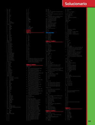 293 
20. 2,3 
21. 69 
22. 24 
23. 6 
24. 8 
25. 16,4 
26. 112 
27. 64 
28. 1,2 
29. 85 
30. 90 
31. 7 fotos 
32. 20 partidos 
Grupo B 
1. 75% 
2. 0,85% 
3. 50% 
4. 0,75% 
5. 24% 
6. 54 
7. 640 
8. 180 
9. 100 
10. 6 555 
11. 279 
12. 1417,5 
13. 281,6 
14. 11,25 
Página 107 
Grupo C 
1. $ 2 125 
2. $ 1 572,5 
3. $ 5 850 
4. $ 2 437,5 
5. $ 7 992 
6. $ 5 270 
7. $ 11 500 
8. $ 3 250 
9. $ 30 475 
10. $ 115 942,75 
11. $ 385 180,5 
12. $ 1 359,875 
13. $ 104 497,8 
14. $ 49 070,2 
15. $ 813 844, 5 
16. $ 3 830 400,3 
Grupo D 
1. $ 1 500 
2. $ 189 
3. $720 
4. $678 
5. $ 1 395 
6. $ 33 
7. $ 165 
8. $ 393,45 
9. $ 292,5 
10. $ 279,75 
11. $ 2 530 
12. $ 7 560 
Página 108 
1. Descuento 
2. Impuesto a las ventas 
3. Porcentaje 
4. 2 000 000 
5. 210 
6. 750 
7. 278,64 
8. 55% 
9. 30% 
10. 62,5% 
11. 175% 
12. 106% 
13. 2,4 
14. 18,9 
15. 28 
16. 16,5 
17. 6,75 
18. $ 93 000 
19. $ 29 750 
20. $ 5 250 
21. $ 105 750 
22. 1,8525 
23. 11,418 
24. 1,0125 
25. 3,9 
26. 6,459 
27. 6 cucharaditas 
28. $ 3 700. Respuesta abierta 
Página 109 
1. 16 
2. 1 833 
3. 144 
4. 400 
Página 110 y 111 
1. C 
2. C 
3. A 
4. A 
5. B 
6. D 
7. D 
8. B 
9. C 
10. A 
11. A 
12. B 
13. B 
14. D 
15. 4/9 
16. 19/24 
17. 60 
18. 2 3/8 
19. V 
20. F 
21. V 
22. 3 1/4 
23. 3/10 aprox. 
24. 31 7/12 
UNIDAD 2 
Capítulo 7 
Página 117 
1. 9 
2. 18 
3. 51 
4. 30 
5. 19 
6. 23 
7. 2 
8. 14 
9. 7,5 
10. 6,5 
11. 3,5 
12. 0 
13. 54 
14. 39 
15. –1 
16. 40 
17. 12 
18. 88 
19. 24 
20. 10 
21. 53 
22. 14 400. Ver cuaderno del estudiante 
23. La que toma 90 fotos por minuto 
y la que toma 5 400 por hora.Ver 
cuaderno del estudiante. 
Capítulo 7 · Lección 1 
Página 120 
1. 336 
2. 135. Propiedad distributiva. Ver 
cuaderno del estudiante 
3. 270. Propiedad asociativa. Ver 
cuaderno del estudiante 
4. 1 150. Propiedad conmutativa. Ver 
cuaderno del estudiante 
5. 34. Propiedad asociativa. Ver 
cuaderno del estudiante 
6. 56. Propiedad asociativa. Ver 
cuaderno del estudiante 
7. 171. Propiedad conmutativa. Ver 
cuaderno del estudiante 
8. 34. Propiedad asociativa. Ver 
cuaderno del estudiante 
9. 210. Propiedad asociativa. Ver 
cuaderno del estudiante 
10. 37. Propiedad asociativa. Ver 
cuaderno del estudiante 
11. 1 800. Propiedad asociativa. Ver 
cuaderno del estudiante 
12. 492. Propiedad conmutativa. Ver 
cuaderno del estudiante 
13. 360. Propiedad asociativa. Ver 
cuaderno del estudiante 
14. La altura 
15. Largo y ancho 
16. n – 2 
17. Respuesta abierta 
18. 282. Propiedad conmutativa 
19. 65. Propiedad asociativa 
20. 117. Propiedad conmutativa 
21. 540. Propiedad asociativa 
22. 138. Propiedad conmutativa 
23. 70. Propiedad asociativa 
24. 49. Propiedad asociativa 
25. 840. Propiedad asociativa 
26. 112. Propiedad asociativa 
27. 231. Propiedad conmutativa 
28. 1 500. Propiedad asociativa 
29. 57. Propiedad asociativa 
30. 648. Propiedad conmutativa 
31. 106. Propiedad asociativa 
32. 450. Propiedad asociativa 
33. 56. Propiedad asociativa 
34. 70. Propiedad asociativa 
35. 70. Propiedad asociativa 
36. 2x + 3 
37. x/2 
38. n/8 – 8 
39. La cuarta parte de un número más 
doce = a 29 
40. Un número al cuadrado menos 7 es 
igual a 35 
41. El cuádruple de un número menos 
el cuádruple de otro número 
42. V, respuesta abierta 
43. V, respuesta abierta 
44. F, respuesta abierta 
45. 112 cajas 
46. Sí, respuesta abierta 
47. Respuesta abierta 
48. Respuesta abierta 
49. Respuesta abierta 
Página 121 
50. 23 y 23 personas 
51. A 
52. 5,7 
53. C 
Poder Matemático 
1. 11 412 
2. 126 765 
3. 27 588 
4. 48 092 
5. 60 280 
6. 105 200 
Capítulo 7 · Lección 2 
Página 123 
1. 7x 
2. M + 14 
3. G ÷ 2,39 
4. D ( 4-2 ) 
5. X + 17 
6. x/2 + x2 
7. Respuesta abierta 
Página 124 
8. x + 32 
9. 3 1/2 – y 
10. 36x 
11. l • a • h 
12. a – 45 
13. 24 - 2/3x 
14. b ÷ 8 
15. b + 5 
16. 4y + 2x 
17. ( a + 2b ) + 3c 
18. 15n + 10m 
19. Un número disminuido en 14 
20. 36 dividido en el doble de un 
número 
21. Un número aumentado en 2/5 más 
el mismo número al cuadrado 
22. El triple de la suma de un número y 
1, dividido en 4 
23. 10k + 50 m 
24. s = 1/4t + 1/2 m –1 000 
25. Respuesta abierta 
26. Respuesta abierta 
27. 32,6 
28. 5,24 
29. D 
Página 125 
1. Ver cuaderno del estudiante 
2. Ver cuaderno del estudiante 
3. Ver cuaderno del estudiante 
4. Ver cuaderno del estudiante 
Página 126 
1. Ver cuaderno del estudiante 
2. Respuesta abierta 
3. Respuesta abierta 
Página 127 
1. 808 
2. Aumentarían las tiras cómicas que 
tiene. 19 c/ej 
3. Mampato y Condorito. 92 aprox. 
4. 98 ejemplares 
5. 55 ejemplares 
6. 54 ; 55 ; 87 ; 98 
7. $ 600 000 
8. 110 ejemplares. Es suficiente la 
información 
9. Menor 
10. 30 tiras cómicas 
11. Respuesta abierta 
12. Respuesta abierta 
Capítulo 7 · Lección 4 
Página 128 
1. 6 ; 5 ; 4 ; 3 ; 2 ; 1 
2. 7 ; 10 ; 13 ; …..Ver cuaderno del 
estudiante 
3. 18 y 50 respectivamente 
Página 129 
4. 9 y 14 
5. 135 kg 
Solucionario 
6. 180 y 270 
7. 15n 
8. 15 • 15 = 225 kg 
9. 1 ; 2 ; 15 ; 54 
10. 21 ; 15 ; 54 
11. 32 hámsters 
12. 17/12 
13. Propiedad asociativa 
14. 75% 
15. 5n 
Página 130 
Grupo A 
1. V 
2. F 
3. F 
4. V 
5. V 
6. V 
7. Asociativa – adición 
8. Distributiva 
9. Asociativa - multiplicación 
10. Asociativa – adición 
11. Asociativa – multiplicación 
12. 29 
13. 180 
14. 90 
15. 34 
Grupo B 
1. n + 12 
2. 15n 
3. 17 - x/2 
4. x2/6 
5. 1/3t 
6. 1/2f + 1/4t 
7. El quíntuple de la suma del doble de 
un número y 5 veces otro número 
8. La suma de 5 veces x y 4 veces y, 
multiplicado por 8 
9. La diferencia entre el triple de un 
número y el cuádruple de otro 
número, multiplicado por 9 
10. La diferencia entre el triple de un 
número c y 7 veces d, multiplicado 
por 6 
Grupo C 
1. 7n + 1 
2. 1 ; 4 ; 7 ; 10 
Página 132 
1. Expresión numérica 
2. Evaluar 
3. Expresión algebraica 
4. V. Respuesta abierta 
5. F. Respuesta abierta 
6. V. Respuesta abierta 
7. F. Respuesta abierta 
8. 34 - 1/4y 
9. n – 26 
10. 12n 
11. hjk 
12. $ 65 000 
13. 53 patinetas. Respuesta abierta 
Página 133 
1. 3 ; 4 ; 5 
2. 4 ; 5 ; 6 
3. 11 ; 9 ; 7 
4. 14 ; 16 ; 18 
5. 1 ; 3 ; 5 ; 7 
6. 4 ; 6 ; 8 ; 10 
Págs. 134 y 135 
1. D 
2. C 
3. C 
4. A 
5. Eva ; Luisa respectivamente. 
Respuesta abierta 
6. A 
7. B 
8. A 
9. B 
10. D 
11. D 
12. C 
13. A 
14. Ver cuaderno del estudiante 
15. A 
16. B 
17. B 
18. C 
Capítulo 8 
Página 137 
1. t + 25 
2. k + 4,5 
3. 9 + 2/3m 
4. 15s + 2,4 
5. 5g + 3,5 
6. 1/2j + 1/3k 
7. 1,5 + 2/3p 
8. 8 + 2 a 
9. n + 34 
 