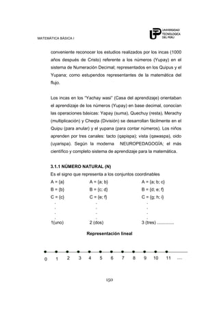 MATEMÁTICA BÁSICA I



       conveniente reconocer los estudios realizados por los incas (1000
       años después de Cristo) referente a los números (Yupay) en el
       sistema de Numeración Decimal; representados en los Quipus y el
       Yupana; como estupendos representantes de la matemática del
       flujo.


       Los incas en los “Yachay wasi” (Casa del aprendizaje) orientaban
       el aprendizaje de los números (Yupay) en base decimal, conocían
       las operaciones básicas: Yapay (suma), Quechuy (resta), Merachy
       (multiplicación) y Cheqta (División) se desarrollan fácilmente en el
       Quipu (para anular) y el yupana (para contar números). Los niños
       aprenden por tres canales: tacto (qapispa); vista (qawaspa), oido
       (uyarispa). Según la moderna         NEUROPEDAGOGÍA; el más
       científico y completo sistema de aprendizaje para la matemática.


       3.1.1 NÚMERO NATURAL (N)
       Es el signo que representa a los conjuntos coordinables
       A = {a}             A = {a; b}                 A = {a; b; c}
       B = {b}             B = {c; d}                 B = {d; e; f}
       C = {c}             C = {e; f}                 C = {g; h; i}
         .                    .                          .
         .                    .                          .
         .                    .                          .
         .                    .                          .
       1(uno)              2 (dos)                    3 (tres) ..............

                          Representación lineal




   0      1      2    3   4     5       6   7     8    9      10       11       ....



                                    150
 