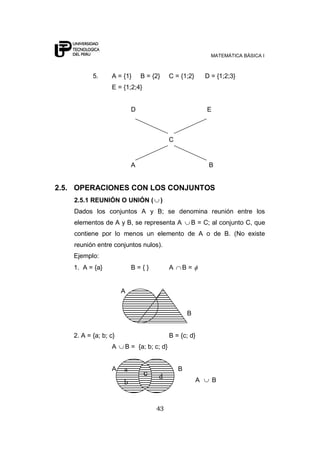 MATEMÁTICA BÁSICA I



           5.     A = {1}      B = {2}       C = {1;2}       D = {1;2;3}
                  E = {1;2;4}


                           D                                 E



                                             C


                           A                                  B


2.5. OPERACIONES CON LOS CONJUNTOS
    2.5.1 REUNIÓN O UNIÓN (              )
    Dados los conjuntos A y B; se denomina reunión entre los
    elementos de A y B, se representa A              B = C; al conjunto C, que
    contiene por lo menos un elemento de A o de B. (No existe
    reunión entre conjuntos nulos).
    Ejemplo:
    1. A = {a}             B={}              A   B=


                       A


                                                     B


    2. A = {a; b; c}                         B = {c; d}
                  A    B = {a; b; c; d}


                  A    a                         B
                                cc   d
                       b                                 A       B



                                     43
 