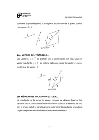 MATEMÁTICA BÁSICA I



completa el paralelogramo. La diagonal trazada desde el punto común
representa          .




2do. MÈTODO DEL TRIÀNGULO.-
Los vectores             se grafican uno a continuación del otro, luego el

vector resultante             se obtiene del punto inicial del vector   con el

punto final del vector    .




3er. MÈTODO DEL POLIGONO VECTORAL.-
La resultante de la suma de varios vectores se obtiene llevando los
vectores una a continuación de otro haciendo coincidir el extremo de uno
con el origen del otro, para finalmente determinar la resultante uniendo el
origen del primer vector con el extremo del último vector.




                                       77
 