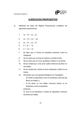 MATEMÁTICA BÁSICA I



                        EJERCICIOS PROPUESTOS

a)    Utilizando las leyes del Álgebra Proposicional, simplificar las
      siguientes proposiciones:


      1.     (p     F)     (p    p)

      2.     (p     V)      (p   ~p)

      4.     (p     F)     (p    V)
      5.     p     (p       q)

      6.     p     (~p      q)

      7.     Es falso que, si Carlos es estudioso entonces Juana es
             inteligente.
      8.     No es cierto que, la fruta es madura y el árbol es alto.
      9.     No es cierto que, el río es caudaloso o María no es bonita.
      10.    No es verdad que, si las aves vuelan entonces las flores no
             son bellas.
      11.    No es verdad que, Carlos es buen estudiante y María no es
             bonita.
      12.    Demostrar que si el siguiente Silogismo es Tautológico:
             -    Si Carlos es deportista y Ana es estudiosa; entonces las
                  flores son bellas; y,
             -    Si las flores no son bellas; entonces Carlos no es
                  deportista y Ana es estudiosa;
             Entonces:
             Si, Ana no es estudiosa ni Carlos es deportista; entonces
             las flores son bellas.




                                       22
 