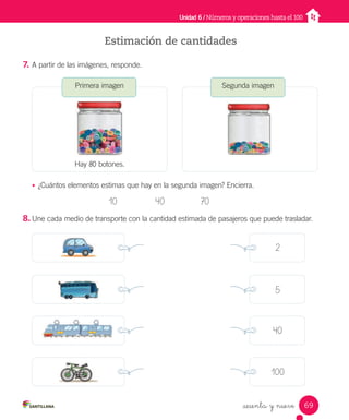 _sesenta y nueve
Estimación de cantidades
7. A partir de las imágenes, responde.
• ¿Cuántos elementos estimas que hay en la segunda imagen? Encierra.
10 40 70
8. Une cada medio de transporte con la cantidad estimada de pasajeros que puede trasladar.
Unidad 6 / Números y operaciones hasta el 100
Primera imagen
Hay 80 botones.
Segunda imagen
2
5
40
100
69
Unidad_6.indd 69 10-05-13 11:06
 
