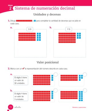 Módulo
Números y operaciones
_setenta
Unidades y decenas
1. Dibuja y para completar la cantidad de decenas que se pide en
cada caso.
Valor posicional
2. Marca con un la representación del número descrito en cada caso.
a.
b.
Sistema de numeración decimal
2
a. b.
5 D 7 D
El dígito 5 tiene
un valor de
50 unidades.
El dígito 4 tiene
un valor de
4 unidades.
70
Unidad_6.indd 70 10-05-13 11:06
 
