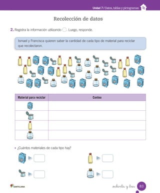 Recolección de datos
2. Registra la información utilizando . Luego, responde.
• ¿Cuántos materiales de cada tipo hay?
_ochenta y _tres
Unidad 7 / Datos, tablas y pictogramas
Ismael y Francisca quieren saber la cantidad de cada tipo de material para reciclar
que recolectaron.
Material para reciclar Conteo
83
U7.indd 83 10-05-13 11:08
 
