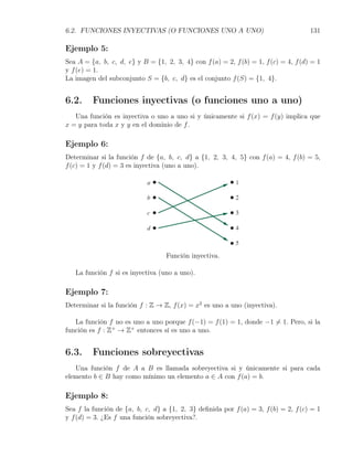 6.2. FUNCIONES INYECTIVAS (O FUNCIONES UNO A UNO)                                    131

Ejemplo 5:
Sea A = {a, b, c, d, e} y B = {1, 2, 3, 4} con f (a) = 2, f (b) = 1, f (c) = 4, f (d) = 1
y f (e) = 1.
La imagen del subconjunto S = {b, c, d} es el conjunto f (S) = {1, 4}.


6.2.     Funciones inyectivas (o funciones uno a uno)
   Una función es inyectiva o uno a uno si y únicamente si f (x) = f (y) implica que
x = y para toda x y y en el dominio de f .

Ejemplo 6:
Determinar si la función f de {a, b, c, d} a {1, 2, 3, 4, 5} con f (a) = 4, f (b) = 5,
f (c) = 1 y f (d) = 3 es inyectiva (uno a uno).




                                   Función inyectiva.

   La función f si es inyectiva (uno a uno).

Ejemplo 7:
Determinar si la función f : Z → Z, f (x) = x2 es uno a uno (inyectiva).

   La función f no es uno a uno porque f (−1) = f (1) = 1, donde −1 ̸= 1. Pero, si la
función es f : Z+ → Z+ entonces sí es uno a uno.


6.3.     Funciones sobreyectivas
   Una función f de A a B es llamada sobreyectiva si y únicamente si para cada
elemento b ∈ B hay como mínimo un elemento a ∈ A con f (a) = b.

Ejemplo 8:
Sea f la función de {a, b, c, d} a {1, 2, 3} deﬁnida por f (a) = 3, f (b) = 2, f (c) = 1
y f (d) = 3. ¿Es f una función sobreyectiva?.
 