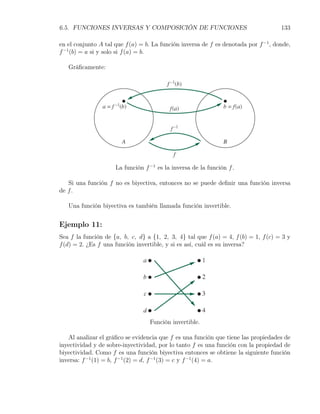 6.5. FUNCIONES INVERSAS Y COMPOSICIÓN DE FUNCIONES                                   133

en el conjunto A tal que f (a) = b. La función inversa de f es denotada por f −1 , donde,
f −1 (b) = a si y solo si f (a) = b.

   Gráﬁcamente:




                     La función f −1 es la inversa de la función f .

   Si una función f no es biyectiva, entonces no se puede deﬁnir una función inversa
de f .

   Una función biyectiva es también llamada función invertible.


Ejemplo 11:
Sea f la función de {a, b, c, d} a {1, 2, 3, 4} tal que f (a) = 4, f (b) = 1, f (c) = 3 y
f (d) = 2. ¿Es f una función invertible, y si es así, cuál es su inversa?




                                  Función invertible.

   Al analizar el gráﬁco se evidencia que f es una función que tiene las propiedades de
inyectividad y de sobre-inyectividad, por lo tanto f es una función con la propiedad de
biyectividad. Como f es una función biyectiva entonces se obtiene la siguiente función
inversa: f −1 (1) = b, f −1 (2) = d, f −1 (3) = c y f −1 (4) = a.
 