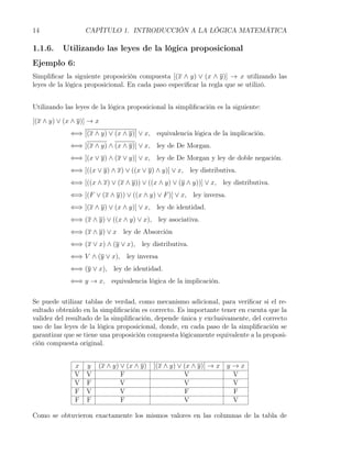 14                CAPÍTULO 1. INTRODUCCIÓN A LA LÓGICA MATEMÁTICA

1.1.6.    Utilizando las leyes de la lógica proposicional
Ejemplo 6:
Simpliﬁcar la siguiente proposición compuesta [(x ∧ y) ∨ (x ∧ y)] → x utilizando las
leyes de la lógica proposicional. En cada paso especiﬁcar la regla que se utilizó.


Utilizando las leyes de la lógica proposicional la simpliﬁcación es la siguiente:

[(x ∧ y) ∨ (x ∧ y)] → x
             ⇐⇒ [(x ∧ y) ∨ (x ∧ y)] ∨ x, equivalencia lógica de la implicación.
             ⇐⇒ [(x ∧ y) ∧ (x ∧ y)] ∨ x, ley de De Morgan.
             ⇐⇒ [(x ∨ y) ∧ (x ∨ y)] ∨ x, ley de De Morgan y ley de doble negación.
             ⇐⇒ [((x ∨ y) ∧ x) ∨ ((x ∨ y) ∧ y)] ∨ x, ley distributiva.
             ⇐⇒ [((x ∧ x) ∨ (x ∧ y)) ∨ ((x ∧ y) ∨ (y ∧ y))] ∨ x, ley distributiva.
             ⇐⇒ [(F ∨ (x ∧ y)) ∨ ((x ∧ y) ∨ F )] ∨ x, ley inversa.
             ⇐⇒ [(x ∧ y) ∨ (x ∧ y)] ∨ x, ley de identidad.
             ⇐⇒ (x ∧ y) ∨ ((x ∧ y) ∨ x), ley asociativa.
             ⇐⇒ (x ∧ y) ∨ x ley de Absorción
             ⇐⇒ (x ∨ x) ∧ (y ∨ x), ley distributiva.
             ⇐⇒ V ∧ (y ∨ x), ley inversa
             ⇐⇒ (y ∨ x), ley de identidad.
             ⇐⇒ y → x, equivalencia lógica de la implicación.


Se puede utilizar tablas de verdad, como mecanismo adicional, para veriﬁcar si el re-
sultado obtenido en la simpliﬁcación es correcto. Es importante tener en cuenta que la
validez del resultado de la simpliﬁcación, depende única y exclusivamente, del correcto
uso de las leyes de la lógica proposicional, donde, en cada paso de la simpliﬁcación se
garantizar que se tiene una proposición compuesta lógicamente equivalente a la proposi-
ción compuesta original.


              x    y   (x ∧ y) ∨ (x ∧ y) [(x ∧ y) ∨ (x ∧ y)] → x     y→x
              V    V           F                    V                 V
              V    F           V                    V                 V
              F    V           V                    F                 F
              F    F           F                    V                 V

Como se obtuvieron exactamente los mismos valores en las columnas de la tabla de
 