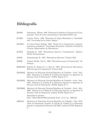 Bibliografía

[B1988]     Bustamente, Alfonso. 1988. “Elementos de Algebra en Ciencias de la Com-
            putación”. Serie de textos universitarios, Universidad ICESI, Cali.

[C1989]     Caicedo, Xavier. 1989. “Elementos de Lógica Matemática y Calculabili-
            dad”. Universidad de los Andes, Bogotá.

[dC2004]    de Castro Korgi, Rodrigo. 2004. “Teoría de la Computación: lenguajes,
            autómatas, gramáticas”, Universidad Nacional de Colombia, Facultad de
            Ciencias, Departamento de Matemáticas.

[G1997]     Grimaldi, R.. 1997. “Matemáticas Discreta y Combinatoria”. Addison-
            Wesley Iberoamericana.

[J1997]     Johnsonbaugh, R.. 1997. “Matemáticas Discretas”. Prentice Hall.

[J2009]     Jiménez Murillo, José A.. 2009. “Matemáticas para la Computación”. Al-
            faomega.

[KBR1997]   Kolman, B., Busby, R. C. y Ross, S.. 1997. “Estructuras de Matemáticas
            Discretas para la Computación”. Prentice Hall.

[MAI2004]   Ministerio de Educación Nacional Republica de Colombia - Acoﬁ - Icfes.
            2004. “Exámenes de Calidad de la Educación Superior en Ingeniería de
            Sistemas: Guía de Orientación”. ICFES, Bogotá D. C..

[MAI2005]   Ministerio de Educación Nacional Republica de Colombia - Acoﬁ - Icfes.
            2005. “Exámenes de Calidad de la Educación Superior en Ingeniería de
            Sistemas: Guía de Orientación”. ICFES, Bogotá D. C..

[MAI2006]   Ministerio de Educación Nacional Republica de Colombia - Acoﬁ - Icfes.
            2006. “Exámenes de Calidad de la Educación Superior en Ingeniería de
            Sistemas: Guía de Orientación” [online]. ICFES, Bogotá D. C..
            Disponible de internet:
            http://200.14.205.63:8080/portalicfes/home_2/rec/arc_4928.pdf

[MI2010]    Ministerio de Educación Nacional Republica de Colombia - Icfes. 2010.
            “Guía de Orientacion: Examen de Estado de Calidad de la Educación
            Superior en Ingeniería de Sistemas (ECAES)” [online]. ICFES, Bogotá D.
            C..

                                       195
 