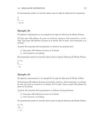 1.2. REGLAS DE INFERENCIA                                                              27

El razonamiento puede ser reescrito ahora como la regla de inferencia de conjunción:

p
q
∴p∧q



Ejemplo 18:
El siguiente razonamiento es un ejemplo de la regla de inferencia de Modus Ponens:

“Si Lina gana 100 millones de pesos en la lotería, entonces, José renunciará a su tra-
bajo. Lina ganó 100 millones de pesos en la lotería. Por lo tanto, José renunciará a su
trabajo”.

A partir del enunciado del razonamiento se obtienen las proposiciones:

     p : Lina gana 100 millones de pesos en la lotería
     q : José renuncia a su trabajo

El razonamiento puede ser reescrito ahora como la regla de inferencia de Modus Ponens:

p→q
p
∴q



Ejemplo 19:
El siguiente razonamiento es un ejemplo de la regla de inferencia de Modus Tollens:

“Si Lina gana 100 millones de pesos en la lotería, entonces, José renunciará a su trabajo.
Se sabe que José no renunció a su trabajo. Por lo tanto, Lina no ganó 100 millones de
pesos en la lotería”.

A partir del enunciado del razonamiento se obtienen las proposiciones:

     p : Lina gana 100 millones de pesos en la lotería
     q : José renuncia a su trabajo

El razonamiento puede ser reescrito ahora como la regla de inferencia de Modus Tollens:

p→q
¬q
∴ ¬p
 