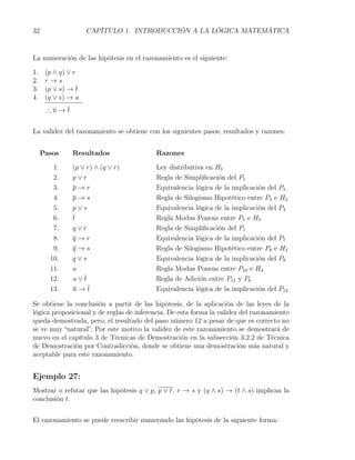 32                  CAPÍTULO 1. INTRODUCCIÓN A LA LÓGICA MATEMÁTICA


La numeración de las hipótesis en el razonamiento es el siguiente:

1.    (p ∧ q) ∨ r
2.    r→s
3.    (p ∨ s) → t
4.    (q ∨ s) → u
      ∴u→t


La validez del razonamiento se obtiene con los siguientes pasos, resultados y razones:


     Pasos    Resultados                  Razones

        1.    (p ∨ r) ∧ (q ∨ r)           Ley distributiva en H1
        2.    p∨r                         Regla de Simpliﬁcación del P1
        3.    p→r                         Equivalencia lógica de la implicación del P2
        4.    p→s                         Regla de Silogismo Hipotético entre P3 e H2
        5.    p∨s                         Equivalencia lógica de la implicación del P4
        6.    t                           Regla Modus Ponens entre P5 e H3
        7.    q∨r                         Regla de Simpliﬁcación del P1
        8.    q→r                         Equivalencia lógica de la implicación del P7
        9.    q→s                         Regla de Silogismo Hipotético entre P8 e H2
       10.    q∨s                         Equivalencia lógica de la implicación del P9
       11.    u                           Regla Modus Ponens entre P10 e H4
       12.    u∨t                         Regla de Adición entre P11 y P6
       13.    u→t                         Equivalencia lógica de la implicación del P12

Se obtiene la conclusión a partir de las hipótesis, de la aplicación de las leyes de la
lógica proposicional y de reglas de inferencia. De esta forma la validez del razonamiento
queda demostrada, pero, el resultado del paso número 12 a pesar de que es correcto no
se ve muy “natural”. Por este motivo la validez de este razonamiento se demostrará de
nuevo en el capítulo 3 de Técnicas de Demostración en la subsección 3.2.2 de Técnica
de Demostración por Contradicción, donde se obtiene una demostración más natural y
aceptable para este razonamiento.


Ejemplo 27:
Mostrar o refutar que las hipótesis q ∨ p, p ∨ r, r → s y (q ∧ s) → (t ∧ s) implican la
conclusión t.


El razonamiento se puede reescribir numerando las hipótesis de la siguiente forma:
 