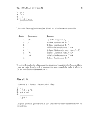 1.2. REGLAS DE INFERENCIA                                                               33

1.   q∨p
2.   p∨r
3.   r→s
4.   (q ∧ s) → (t ∧ s)
      ∴t


Una forma correcta para establecer la validez del razonamiento es la siguiente:



     Pasos      Resultados               Razones

           1.   p∧r                      Ley de De Morgan en H2
           2.   p                        Regla de Simpliﬁcación del P1
           3.   r                        Regla de Simpliﬁcación del P1
           4.   s                        Regla Modus Ponens entre P3 e H3
           5.   q                        Regla de Silogismo disyuntivo entre P2 e H1
           6.   q∧s                      Regla de Conjunción entre P5 y P4
           7.   t∧s                      Regla Modus Ponens entre P6 e H4
           8.   t                        Regla de Simpliﬁcación del P7


Se obtiene la conclusión del razonamiento a partir del conjunto de hipótesis, y del ade-
cuado uso tanto, de las leyes de la lógica proposicional, como de las reglas de inferencia.
Por lo tanto el razonamiento es correcto.




Ejemplo 28:

Determinar si el siguiente razonamiento es válido:

1.   u→r
2.   (r ∧ s) → (p ∨ t)
3.   q → (u ∧ s)
4.   t
      ∴q→p


Los pasos y razones que se necesitan para demostrar la validez del razonamiento son
los siguientes:
 