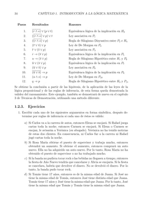 34                  CAPÍTULO 1. INTRODUCCIÓN A LA LÓGICA MATEMÁTICA


     Pasos      Resultados                 Razones

         1.     (r ∧ s) ∨ (p ∨ t)          Equivalenca lógica de la implicación en H2
         2.     ((r ∧ s) ∨ p) ∨ t          Ley asociativa en P1
         3.     ((r ∧ s) ∨ p)              Regla de Silogismo Disyuntivo entre P2 e H4
         4.     (r ∨ s) ∨ p                Ley de De Morgan en P3
         5.     r ∨ (s ∨ p)                Ley asociativa en P4
         6.     r → (s ∨ p)                Equivalenca lógica de la implicación en P5
         7.     u → (s ∨ p)                Regla de Silogismo Hipotético entre H1 y P6
         8.     u ∨ (s ∨ p)                Equivalenca lógica de la implicación en P7
         9.     (u ∨ s) ∨ p                Ley asociativa en P8
       10.      (u ∨ s) → p                Equivalenca lógica de la implicación en P9
       11.      (u ∧ s) → p                Ley de De Morgan en P10
       12.      q→p                        Regla de Silogismo Hipotético entre H3 y P11
Se obtiene la conclusión a partir de las hipótesis, de la aplicación de las leyes de la
lógica proposicional y de las reglas de inferencia, de esta forma queda demostrada la
validez del razonamiento. Este ejemplo, también se demostrará de nuevo en el capítulo
3 de Técnicas de Demostración, utilizando una método diferente.

1.2.3.        Ejercicios
     1. Escribir cada uno de los siguientes argumentos en forma simbólica, después de-
        termine por reglas de inferencia si cada uno de éstos es válido:

         a) Si Carlos va a la carrera de autos, entonces Elena se enojará. Si Rafael juega
            cartas toda la noche, entonces Carmen se enojará. Si Elena o Carmen se
            enojan, le avisarán a Verónica (su abogado). Verónica no ha tenido noticias
            de estas dos clientes. En consecuencia, ni Carlos fue a la carrera ni Rafael
            jugó cartas toda la noche.
         b) Si Rosa María obtiene el puesto de supervisor y trabaja mucho, entonces
            obtendrá un aumento. Si obtiene el aumento, entonces comprará un auto
            nuevo. Ella no ha adquirido un auto nuevo. Por lo tanto, Rosa María no ha
            obtenido el puesto de supervisor o no ha trabajado mucho.
         c) Si la banda no pudiera tocar rock o las bebidas no llegasen a tiempo, entonces
            la ﬁesta de Año Nuevo tendría que cancelarse y Alicia se enojaría. Si la ﬁesta
            se cancelara, habría que devolver el dinero. No se devolvió el dinero. Por lo
            tanto, la banda pudo tocar rock.
         d ) Si Tomás tiene 17 años, entonces es de la misma edad de Juana. Si José no
             tiene la misma edad de Tomás, entonces José tiene distinta edad que Juana.
             Tomás tiene 17 años y José tiene la misma edad que Juana. Por lo tanto, José
             tiene la misma edad que Tomás y Tomás tiene la misma edad que Juana.
 