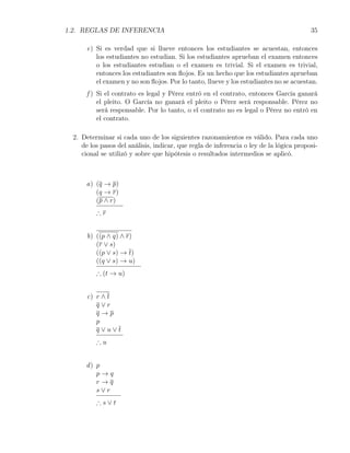 1.2. REGLAS DE INFERENCIA                                                                35

       e) Si es verdad que si llueve entonces los estudiantes se acuestan, entonces
          los estudiantes no estudian. Si los estudiantes aprueban el examen entonces
          o los estudiantes estudian o el examen es trivial. Si el examen es trivial,
          entonces los estudiantes son ﬂojos. Es un hecho que los estudiantes aprueban
          el examen y no son ﬂojos. Por lo tanto, llueve y los estudiantes no se acuestan.
       f ) Si el contrato es legal y Pérez entró en el contrato, entonces García ganará
           el pleito. O García no ganará el pleito o Pérez será responsable. Pérez no
           será responsable. Por lo tanto, o el contrato no es legal o Pérez no entró en
           el contrato.

  2. Determinar si cada uno de los siguientes razonamientos es válido. Para cada uno
     de los pasos del análisis, indicar, que regla de inferencia o ley de la lógica proposi-
     cional se utilizó y sobre que hipótesis o resultados intermedios se aplicó.



      a) (q → p)
         (q → r)
         (p ∧ r)
          ∴r


       b) ((p ∧ q) ∧ r)
          (r ∨ s)
          ((p ∨ s) → t)
          ((q ∨ s) → u)
          ∴ (t → u)


       c) r ∧ t
          q∨r
          q→p
          p
          q∨u∨t
          ∴u


      d) p
         p→q
         r→q
         s∨r
          ∴s∨t
 