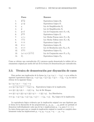 72                                    CAPÍTULO 3. TÉCNICAS DE DEMOSTRACIÓN



                  Pasos                        Razones

         1.       q∨p                          Equivalenca Lógica H5
         2.       q∧p                          Equivalenca Lógica P1
         3.       q                            Ley de Simpliﬁcación P2
         4.       p                            Ley de Simpliﬁcación P2
         5.       p∧t                          Ley de Conjunción entre P4 e H4
         6.       p∨t                          Equivalenca Lógica P5
         7.       u∧s                          Ley Modus Ponens entre P3 e H3
         8.       r∧s                          Ley Modus Tollens entre P6 e H2
         9.       r∨s                          Equivalenca Lógica P8
         10.      u∨r                          Equivalenca Lógica H1
         11.      u∨s                          Ley de Resolución entre P10 y P9
         12.      u∧s                          Equivalenca Lógica P11
         13.      (u ∧ s) ∧ (u ∧ s)            Ley de Conjunción entre P7 y P12
         14.      Fo                           Equivalenca Lógica P13

Como se obtiene una contradicción (Fo ) entonces queda demostrada la validez del ra-
zonamiento original por medio del uso de la técnica de demostración por contradicción.


3.3.      Técnica de demostración por disyunción de casos
    Para probar una implicación de la forma (p1 ∨ p2 ∨ p3 ∨ · · · ∨ pn ) → q se utiliza la
siguiente equivalencia lógica (p1 → q) ∧ (p2 → q) ∧ (p3 → q) ∧ · · · ∧ (pn → q), la cual se
obtiene de la siguiente forma:

(p1 ∨ p2 ∨ p3 ∨ · · · ∨ pn ) → q
⇐⇒ (p1 ∨ p2 ∨ p3 ∨ · · · ∨ pn ) ∨ q, Equivalencia Lógica de la implicación.
⇐⇒ (p1 ∧ p2 ∧ p3 ∧ · · · ∧ pn ) ∨ q, Ley de De Morgan.
⇐⇒ (p1 ∨ q) ∧ (p2 ∨ q) ∧ (p3 ∨ q) ∧ · · · ∧ (pn ∨ q), Ley Distributiva.
⇐⇒ (p1 → q) ∧ (p2 → q) ∧ (p3 → q) ∧ · · · ∧ (pn → q), Eq. Lógica de la implicación.


    La equivalencia lógica evidencia que la implicación original con una hipótesis que
se forma de la disyunción de las proposiciones p1 , p2 , p3 , . . ., pn puede ser probado al
demostrar individualmente cada una de las n implicaciones pi → q, para 1 ≤ i ≤ n.
La única forma para que se cumpla la implicación original es cuando se cumplen abso-
lutamente todas las implicaciones p1 → q, p2 → q, p3 → q, · · · , pn → q.
 
