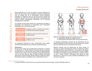 22
Antecedentes
El Juego Constructivo
Debe destacarse que si bien un juego de carácter abstracto no
provee de instrucciones para ensamblar una forma preestablecida,
esto no implica que no se desarrollarán formas figurativas
específicas. La diferencia yace en que estas formas surgirán del
imaginario del párvulo. Esto hace del párvulo el protagonista del
proceso creativo, directamente relacionado con el principio
pedagógico de “Actividad”.
Los juguetes constructivos poseen tres características formales y
funcionales que determinan su efectividad como herramienta
pedagógica en un contexto preescolar:
Dimensiones Se refiere al tamaño y volumen de las piezas
individuales que componen el juguete.
Sistema de
Ensamblaje
Se refiere a la manera que tienen las piezas de
vincularse entre sí. Escala Digital Escala Palmar Escala Corporal
Número
de Piezas
Se refiere a la cantidad de piezas que
conforman un set.
Fig. 8: La “Escala Digital” requiere de 2 o 3 dedos para su uso;
La “Escala Palmar” requiere de 5 dedos o la mano;
La “Escala Corporal” requiere de ambas manos o el abrazamiento.
MaterialDidácticoPreescolar
La conjugación eficiente de estas características hará posible
abordar el aprendizaje motriz y social que se pretende lograr.
Dimensiones
De este punto surgen dos consideraciones principales. La primera
es determinar un “Tamaño Mínimo” necesario para que el juguete
sea apto para su uso por parte de niños y niñas en edad preescolar.
Si bien los niños entre 3 y 5 han superado la etapa de exploración
oral, no hay que dejar de lado el riesgo de asfixia que pueda
presentarse cuando el párvulo decide meterse el objeto en la boca.
Este tamaño mínimo se establece como un diámetro de 3.5cm17.
La segunda consideración respecto de las dimensiones de las
piezas individuales se relaciona con el nivel de interacción corporal
que estas requieren para su manipulación (Ver Fig. 8).
Mientras mayores sean las dimensiones de dichas piezas, se
involucra un mayor porcentaje del cuerpo en realizar las acciones
de desplazamiento, posicionamiento y reorientación del objeto.
Para piezas muy pequeñas, el uso requerido será a escala “Digital”.
A medida que las piezas aumentan de tamaño, comienza a darse
un uso a escala “Palmar”. Finalmente, para piezas de gran
dimensión, se involucra el cuerpo completo, posibilitando un uso
de escala “Corporal”.
17 Fundación PRODEMU, “Bases Primer Concurso Nacional de Diseño Social” Santiago. Fundación PRODEMU, 2004. p. 8.
 