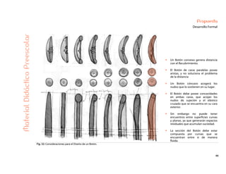 44
Propuesta
Desarrollo Formal
Un Botón convexo genera distancia
con el Recubrimiento.
El Botón de caras paralelas posee
aristas, y no soluciona el problema
de la distancia
Un Botón cóncavo acogerá los
nudos que lo sostienen en su lugar.
El Botón debe posee concavidades
en ambas caras, que acojan los
nudos de sujeción y el elástico
cruzado que se encuentra en su cara
exterior.
Sin embargo no puede tener
encuentros entre superficies curvas
y planas, ya que generarán espacios
residuales que acumulan suciedad.
La sección del Botón debe estar
compuesta por curvas que se
encuentran entre si de manera
fluida.
MaterialDidácticoPreescolar
Fig. 32: Consideraciones para el Diseño de un Botón.
 
