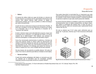 46
Propuesta
Desarrollo Formal
Para poder desarrollar la motricidad fina, es importante que cada
párvulo pueda realizar los actos de ensamblaje y desensamblaje de
los módulos. Si bien dichos módulos pueden ir rotando de párvulo
en párvulo, lo óptimo es que cada usuario posea dos módulos.
El número final de módulos se establece a partir de la necesidad de
almacenamiento. Esto se realiza componiendo una figura mayor,
que refleje la morfología del módulo base. A partir de esto, se
determina cuantos cubos son necesarios para ir generando formas
cúbicas (Ver Fig. 35).
De esto se obtiene que 33=27 cubos serán suficientes para un
grupo de 13 párvulos, mientras que 43=64 encarecerá demasiado
el set.
13=1Módulo
23=8Módulos
33=27Módulos
43=64Módulos
MaterialDidácticoPreescolar
Relleno
El material de relleno debe ser capaz de brindar un volumen de
escala corporal, sin escaparse de las capacidades biomecánicas del
usuario. Este relleno además debe proveer al objeto de
dimensiones estables, por lo que se prefiere un relleno de bloque
por sobre el de partículas.
A partir de esto se selecciona la Espuma de Poliuretano Flexible. El
factor por considerar a la hora de seleccionar la espuma por utilizar
es la Densidad. Esta es la que determina la duración de la
“memoria” del material.
Es decir, mientras mayor sea la densidad de la espuma, mayor será
la duración de su memoria, o la capacidad de volver a su forma
original tras la deformación44. Para obtener una memoria de
duración prolongada, se utiliza espuma de densidad 21kg/m3.
Como fue mencionado anteriormente, la preforma, o formato de
venta del material, tendrá un efecto sobre las dimensiones del
módulo. El formato estándar de venta de una plancha de espuma
de poliuretano es de 1,9mx1,5m. Este formato se produce en una
diversidad de espesores. Sin embargo, para reducir las mermas, se
utiliza un espesor de 15cm, como múltiplo del formato estándar.
De esta manera, de una plancha es posible obtener 120 cubos de
arista 15cm. Esto es suficiente para fabricar múltiples set del objeto.
Número de Piezas
A partir del carácter pedagógico del objeto, es necesario que este
ser utilizado por la educadora para las actividades variables
realizadas durante una jornada normal en un jardín infantil45. Fig. 35: Número de Módulos necesarios para Almacenamiento Cúbico.
44 Polyurethane Foam Association, “In-Touch: Information on Flexible Polyurethane Foam, Vol. 1 N° 2: Density”, Wayne. PFA, 1991.
45 Vid. Infra “Criterios de Uso”
 