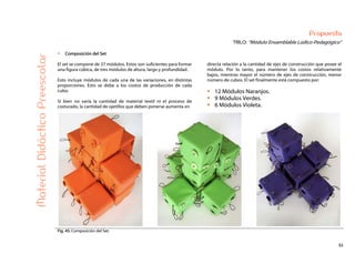 52
Propuesta
TRILO: “Módulo Ensamblable Lúdico-Pedagógico”
Composición del Set
El set se compone de 27 módulos. Estos son suficientes para formar
una figura cúbica, de tres módulos de altura, largo y profundidad.
Esto incluye módulos de cada una de las variaciones, en distintas
proporciones. Esto se debe a los costos de producción de cada
cubo.
Si bien no varía la cantidad de material textil ni el proceso de
costurado, la cantidad de ojetillos que deben ponerse aumenta en
directa relación a la cantidad de ejes de construcción que posee el
módulo. Por lo tanto, para mantener los costos relativamente
bajos, mientras mayor el número de ejes de construcción, menor
número de cubos. El set finalmente está compuesto por:
12 Módulos Naranjos.
9 Módulos Verdes.
6 Módulos Violeta.
MaterialDidácticoPreescolar
Fig. 45: Composición del Set.
 