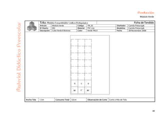 69
Producción
Módulo Verde
Trilo: Módulo Ensamblable Lúdico-Pedagógico Ficha de Tendido
Artículo: Módulo Verde Código: TRI_02 Diseñador: Camilo Potocnjak
Nº Diseño: 002 Material: PVC Liso Modelista: Camilo Potocnjak
Descripción: Cubo Verde 8 Botones Color: Verde TRILO Fecha: 28 Noviembre 2006
MaterialDidácticoPreescolar
Ancho Tela 1,5m Consumo Total 52cm Observación de Corte Corte a Hilo de Tela.
 
