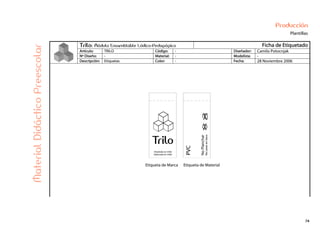 74
Producción
Plantillas
Trilo: Módulo Ensamblable Lúdico-Pedagógico Ficha de Etiquetado
Artículo: TRILO Código: - Diseñador: Camilo Potocnjak
Nº Diseño: - Material: - Modelista: -
Descripción: Etiquetas Color: - Fecha: 28 Noviembre 2006
MaterialDidácticoPreescolar
Etiqueta de Marca Etiqueta de Material
 